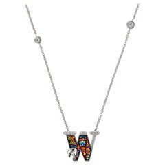 Necklace Letter W White Gold White Diamonds Hand Decorated with Micromosaic