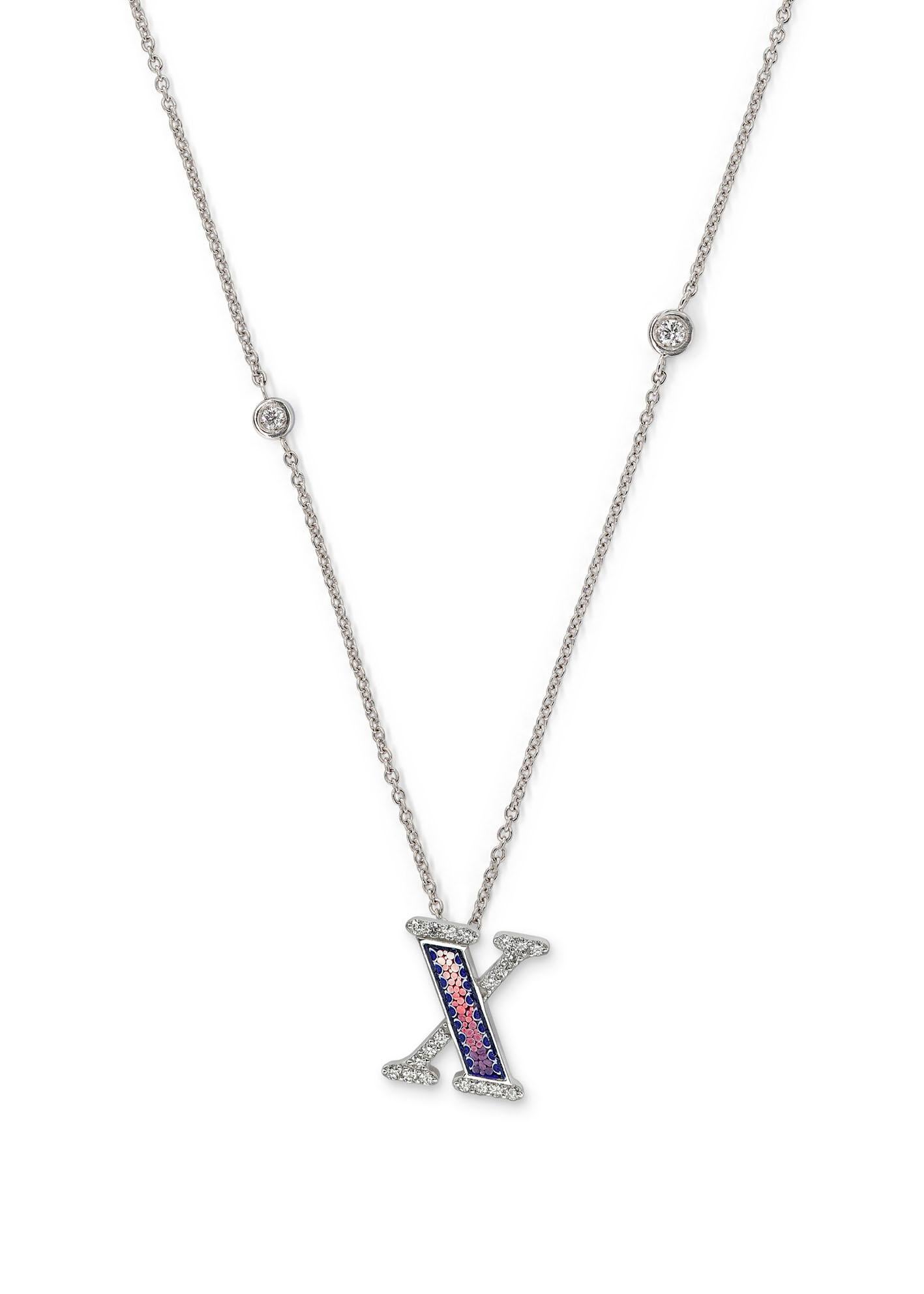 Contemporary Necklace Letter X White Gold White Diamonds Hand Decorated with Micromosaic For Sale