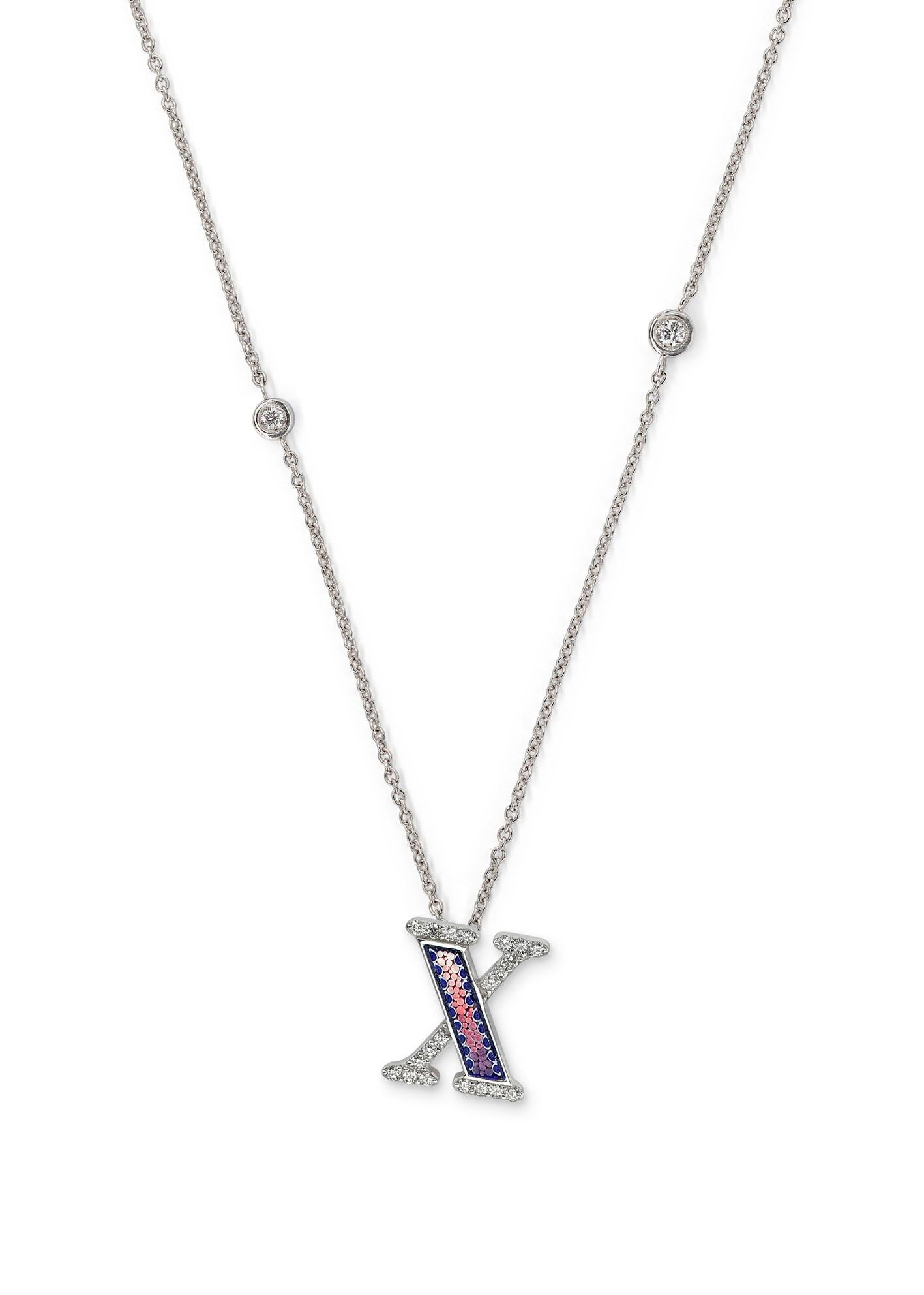 Brilliant Cut Necklace Letter X White Gold White Diamonds Hand Decorated with Micromosaic For Sale