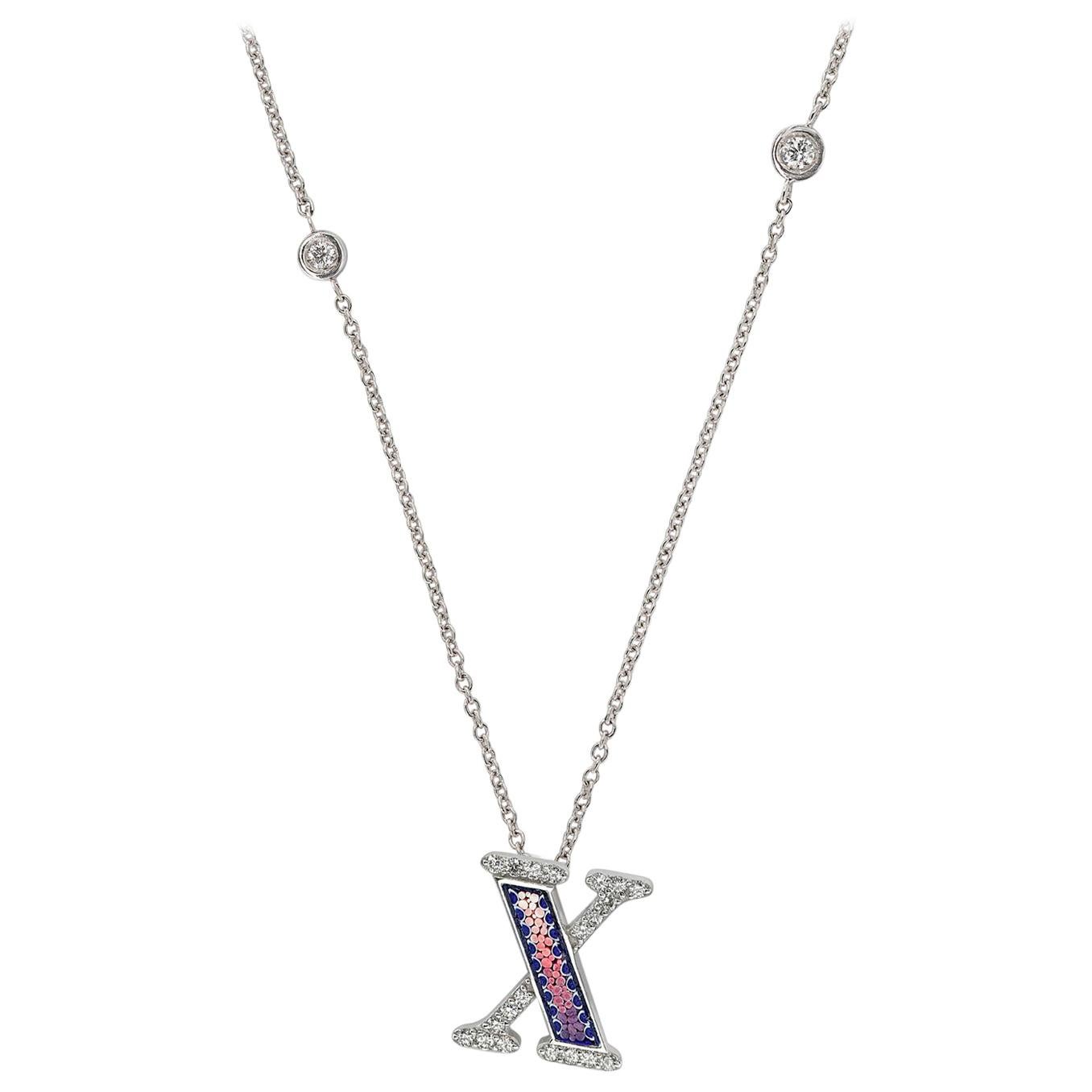 Necklace Letter X White Gold White Diamonds Hand Decorated with Micromosaic