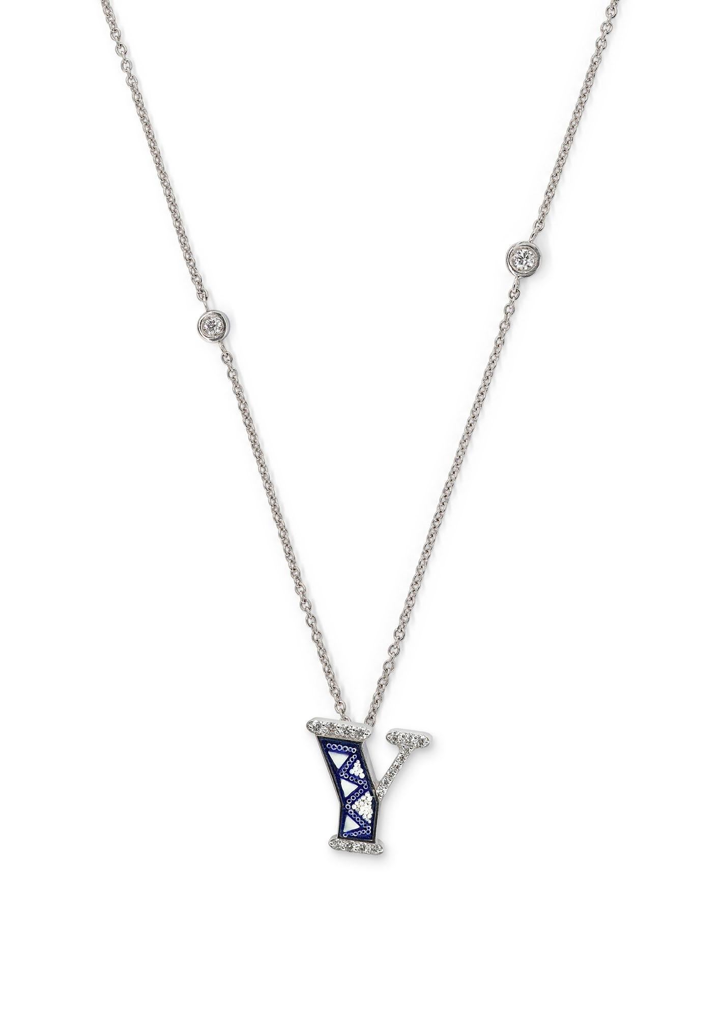 Contemporary Necklace Letter Y White Gold White Diamonds Hand Decorated with Micromosaic For Sale