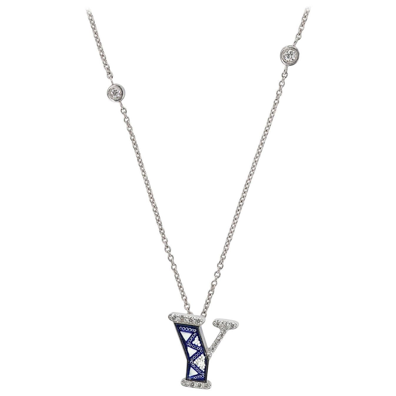 Necklace Letter Y White Gold White Diamonds Hand Decorated with Micromosaic For Sale
