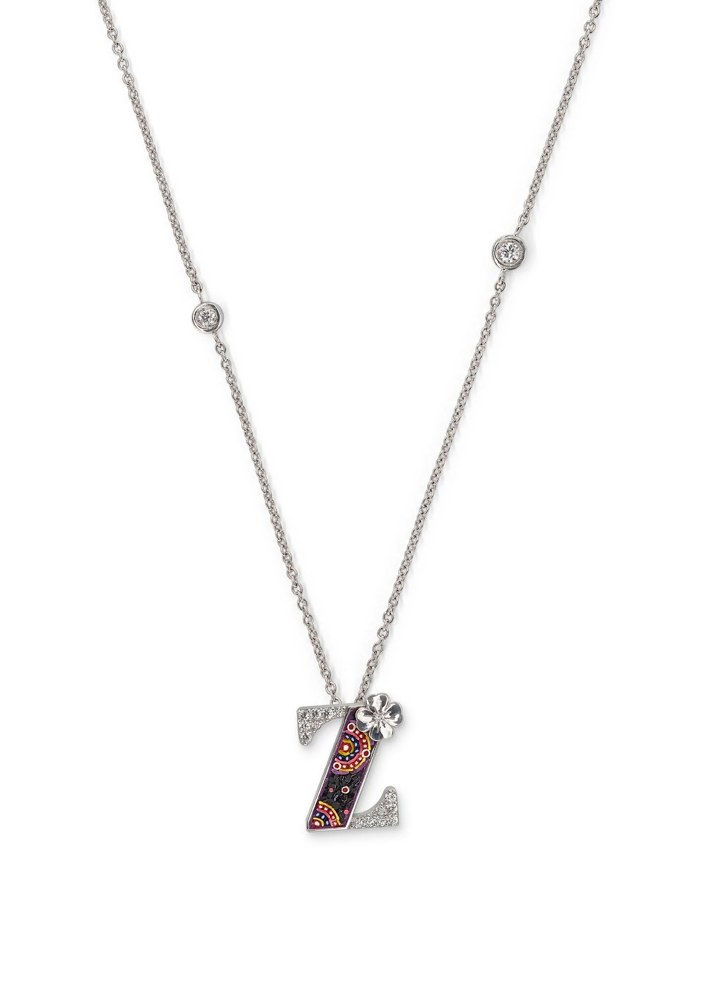 Contemporary Necklace Letter Z White Gold White Diamonds Hand Decorated with Micromosaic For Sale