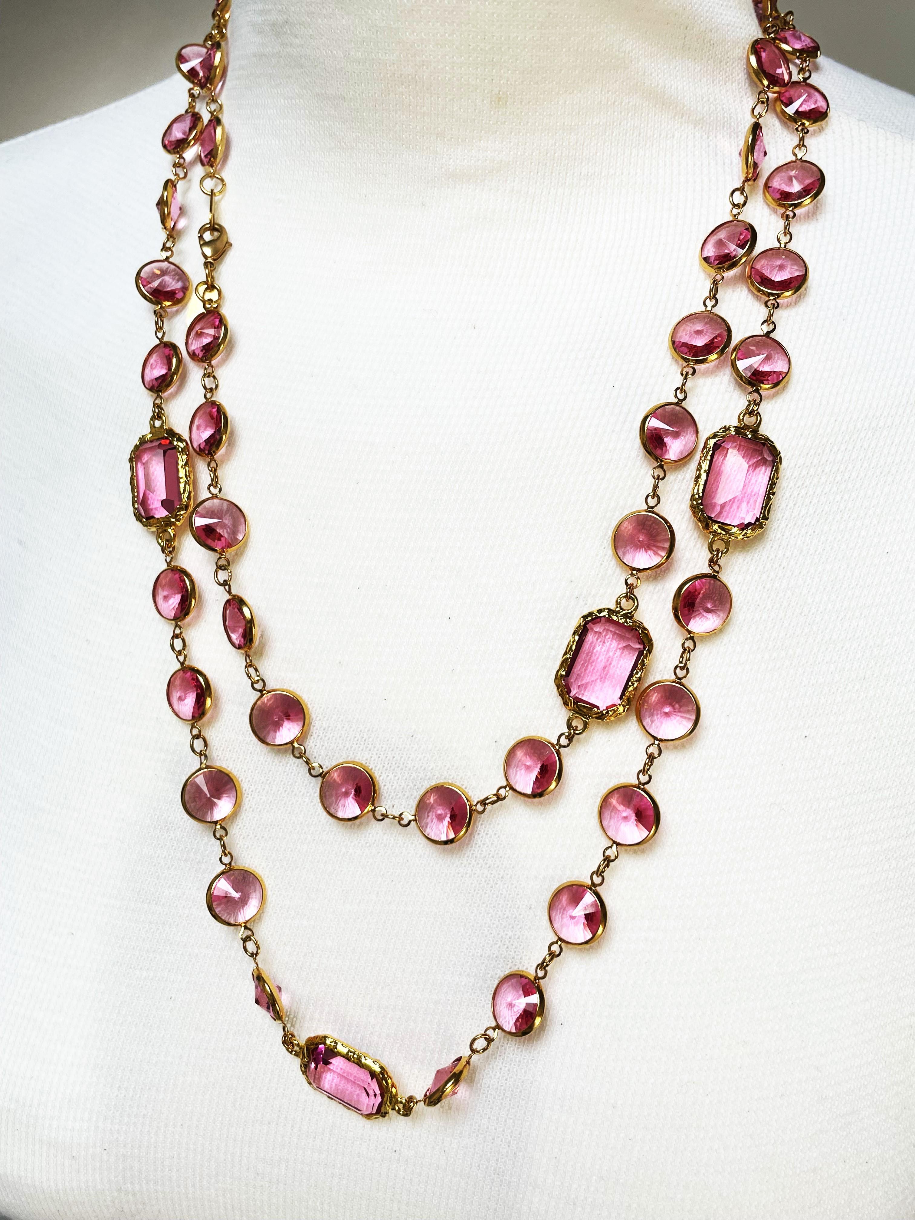 Modernist Necklace like the Chanel Chicklet pink Swarovski crystal gold plated, new 