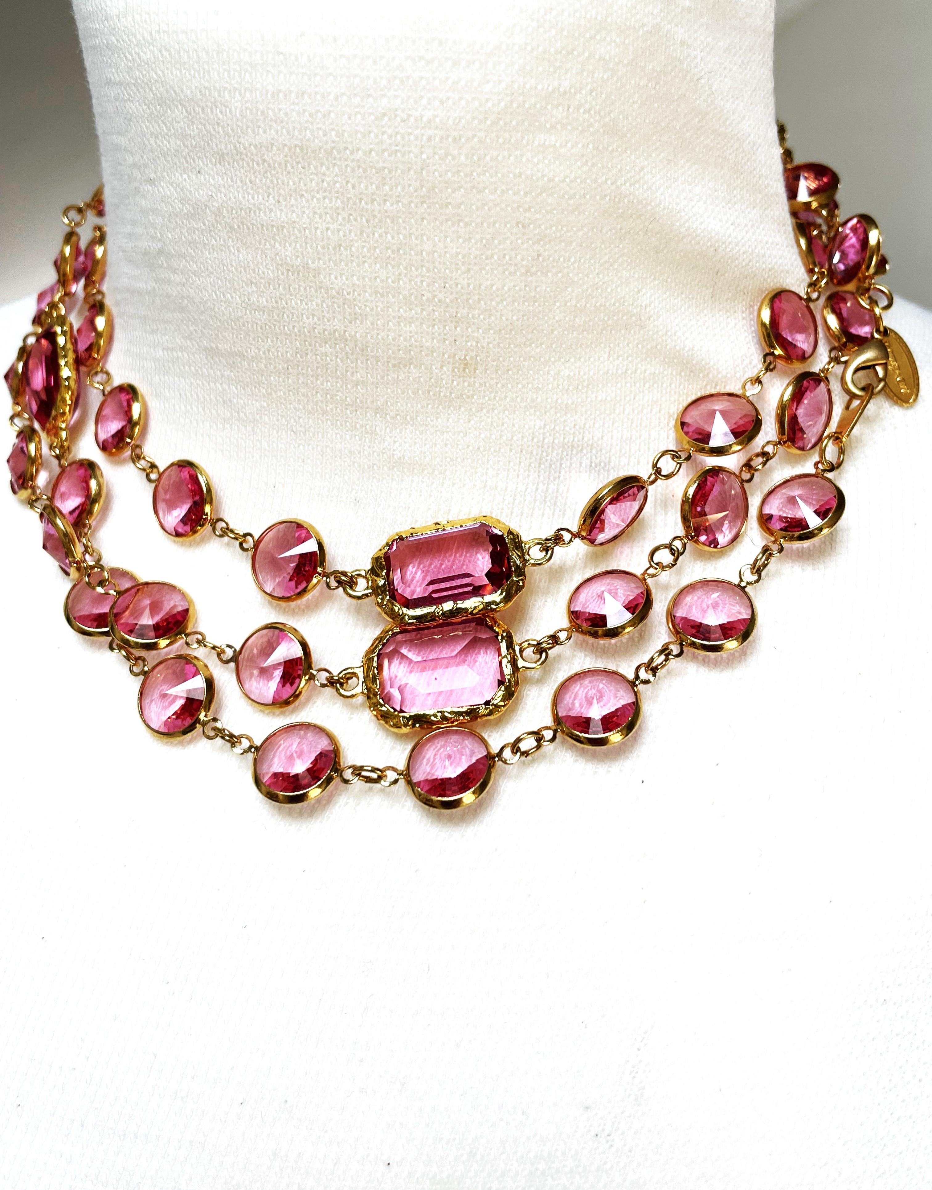 Necklace like the Chanel Chicklet pink Swarovski crystal gold plated, new  In Excellent Condition In Stuttgart, DE