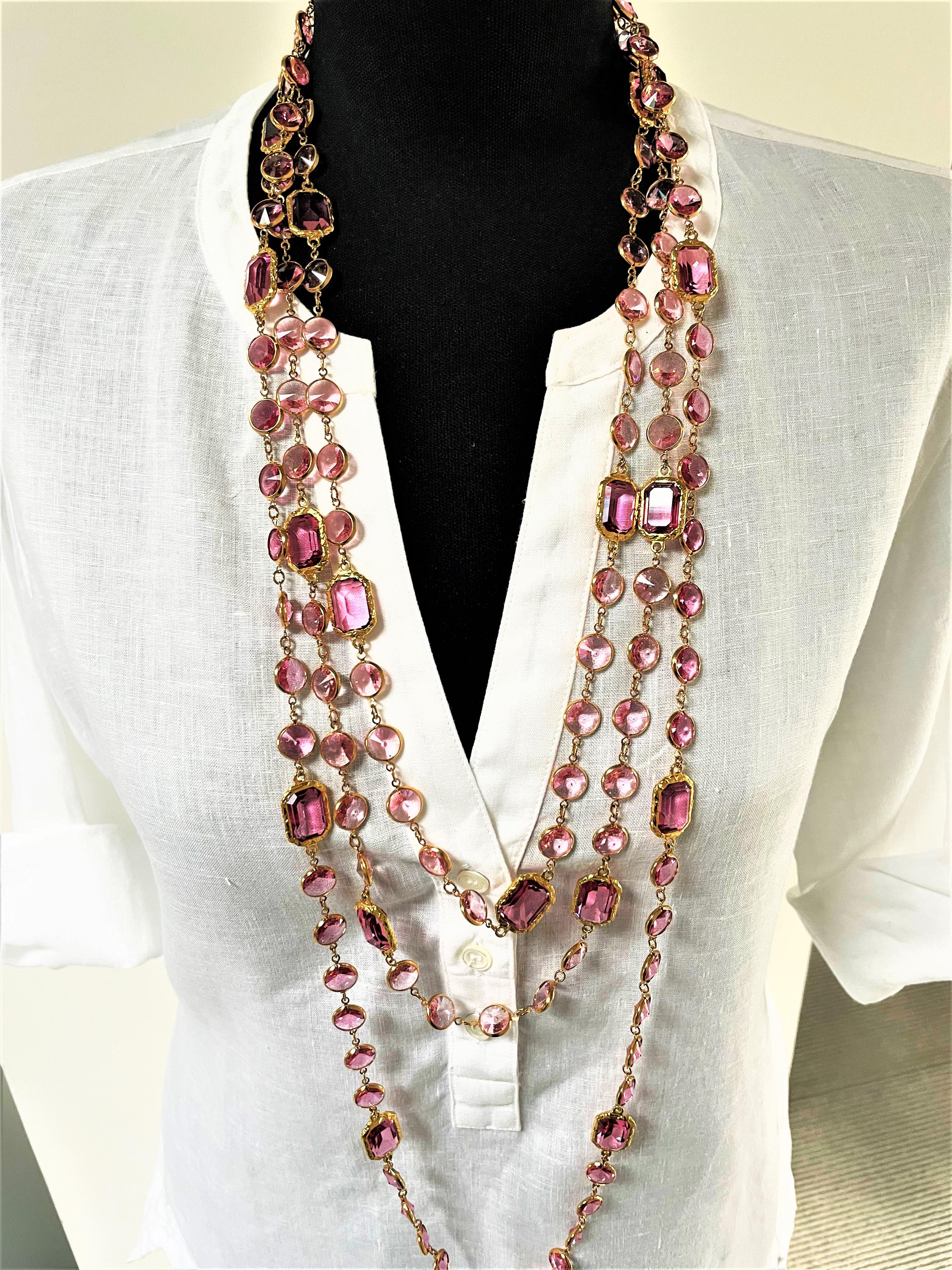 Modern  Necklace like the Chanel Chicklet, pink Swarovski crystals gold plated, new  