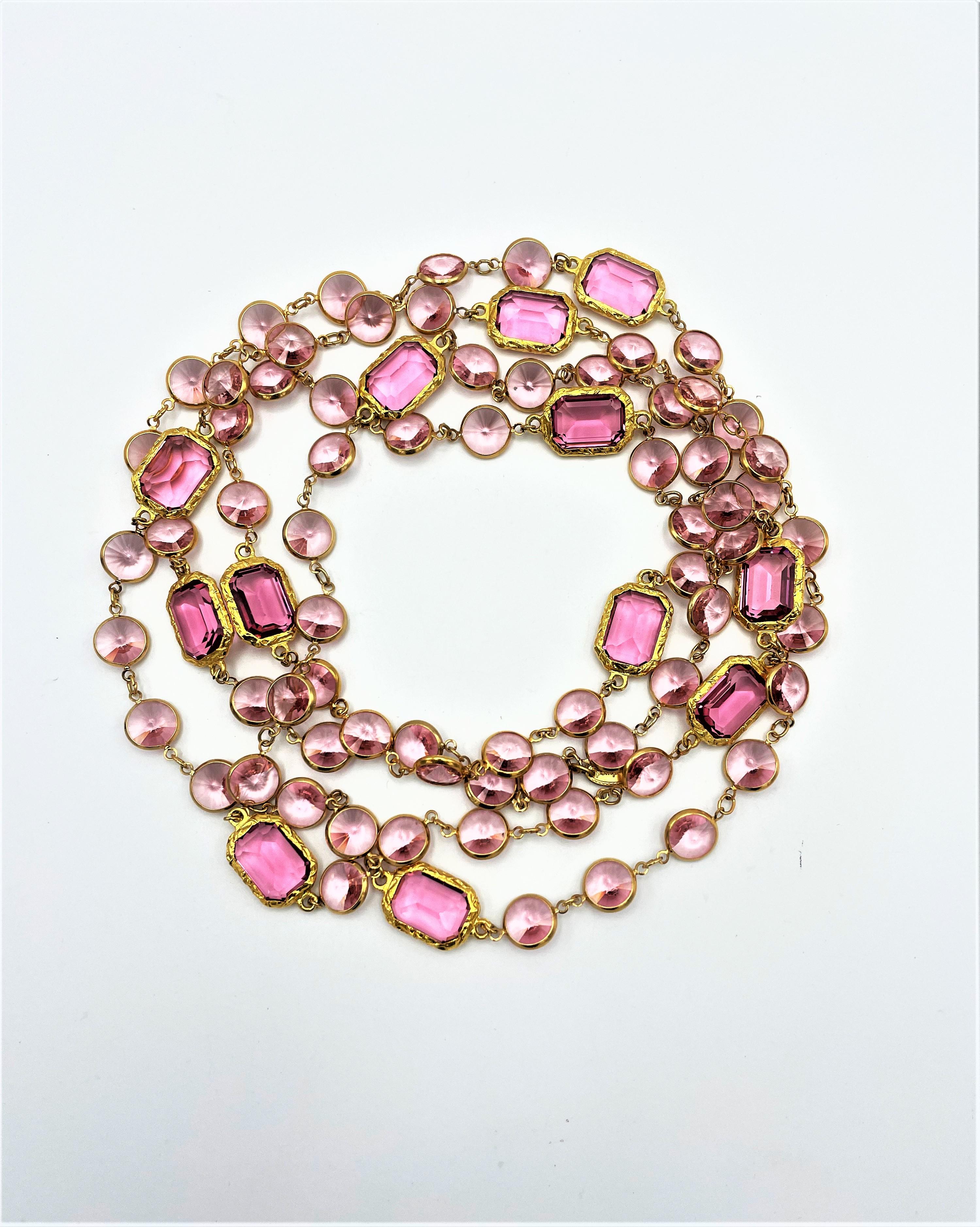 Mixed Cut  Necklace like the Chanel Chicklet, pink Swarovski crystals gold plated, new  
