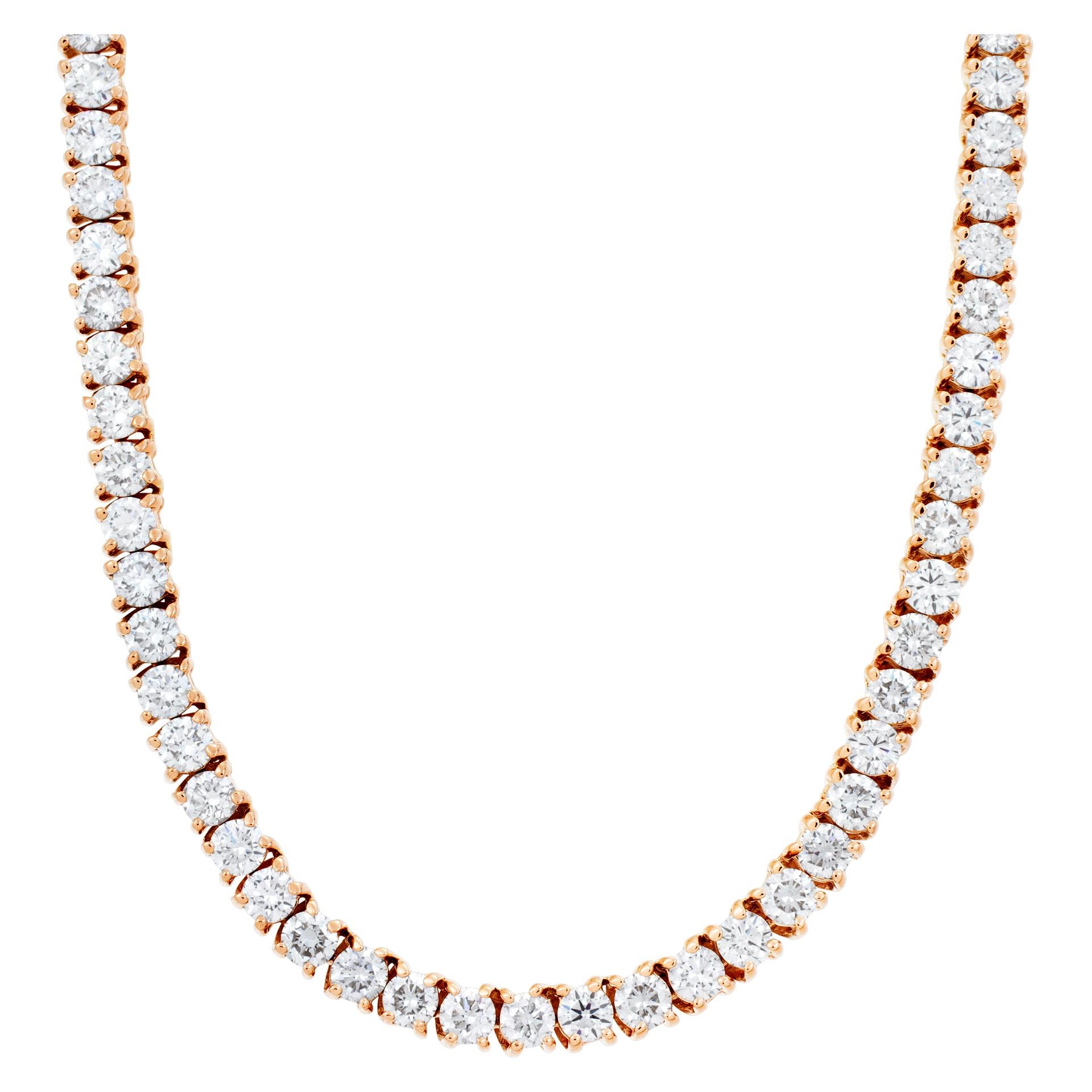 Line Diamonds necklace with 17.85 carats full cut round brilliant diamonds set in 14K rose gold. 22 inches long x 3.5mm
