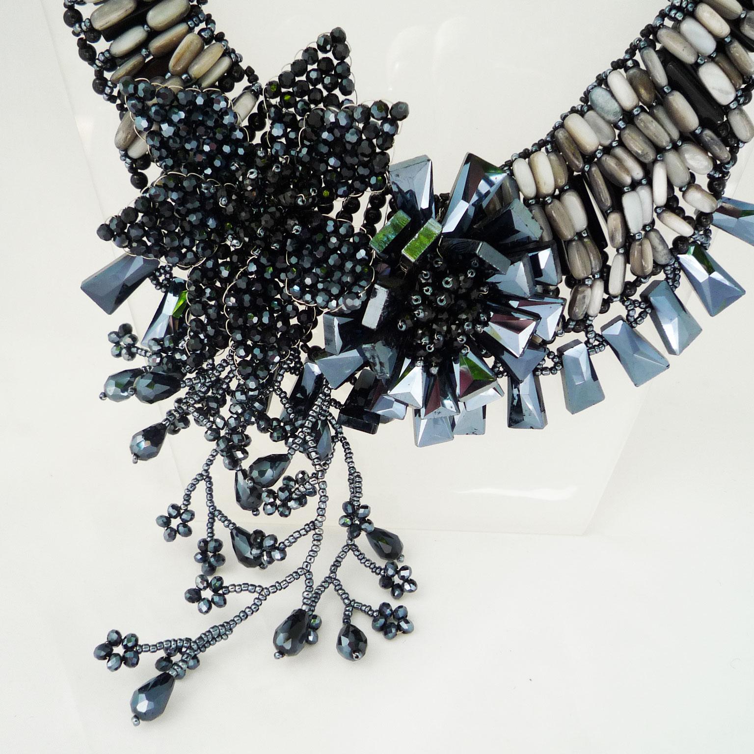 Modern Necklace made of black limestone and black Swarovski pearls For Sale