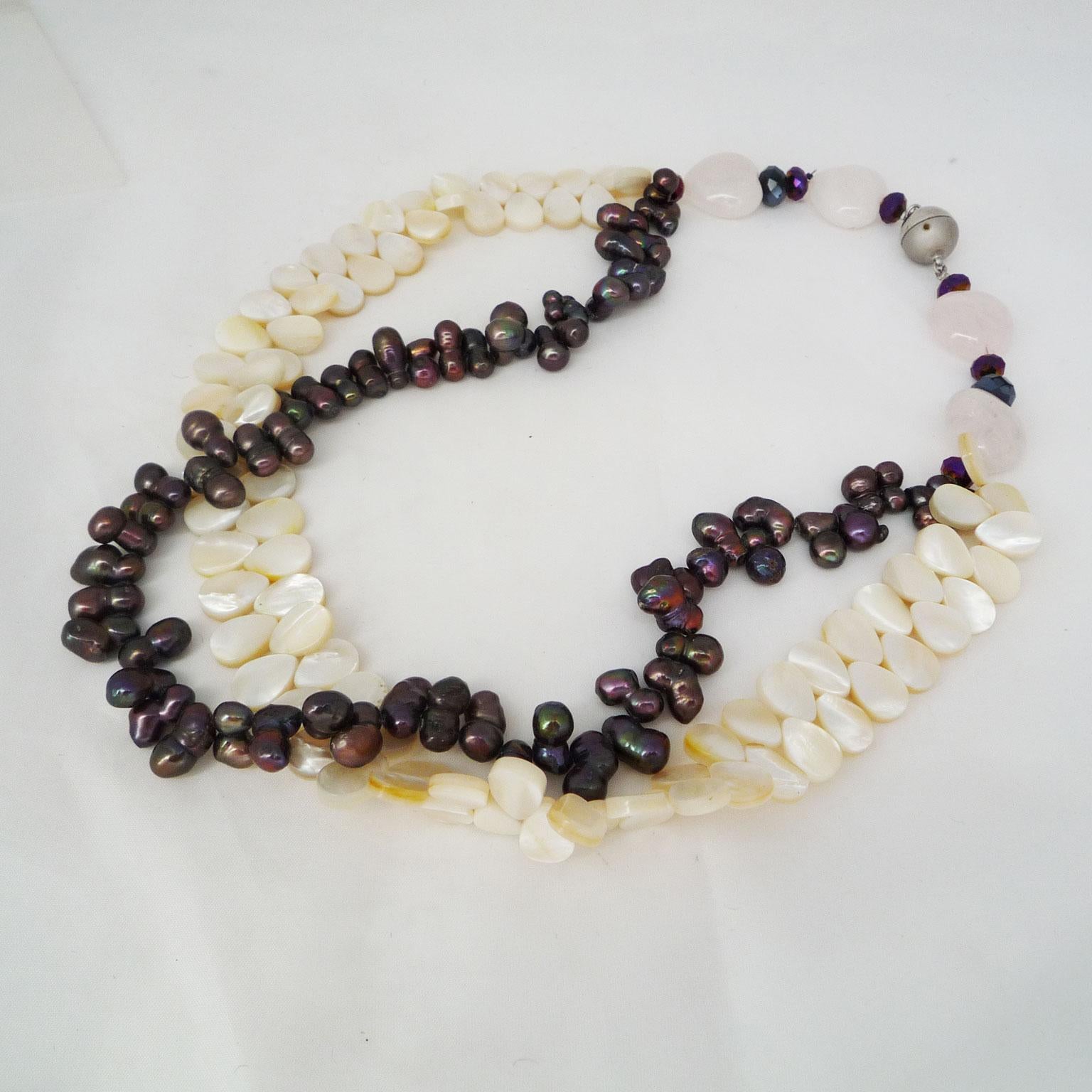 Modern Necklace made of dark pearls and mother-of-pearl plates
