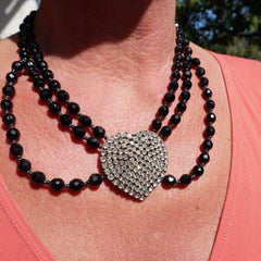 Necklace made of Gablonz glass beads with rhinestone heart