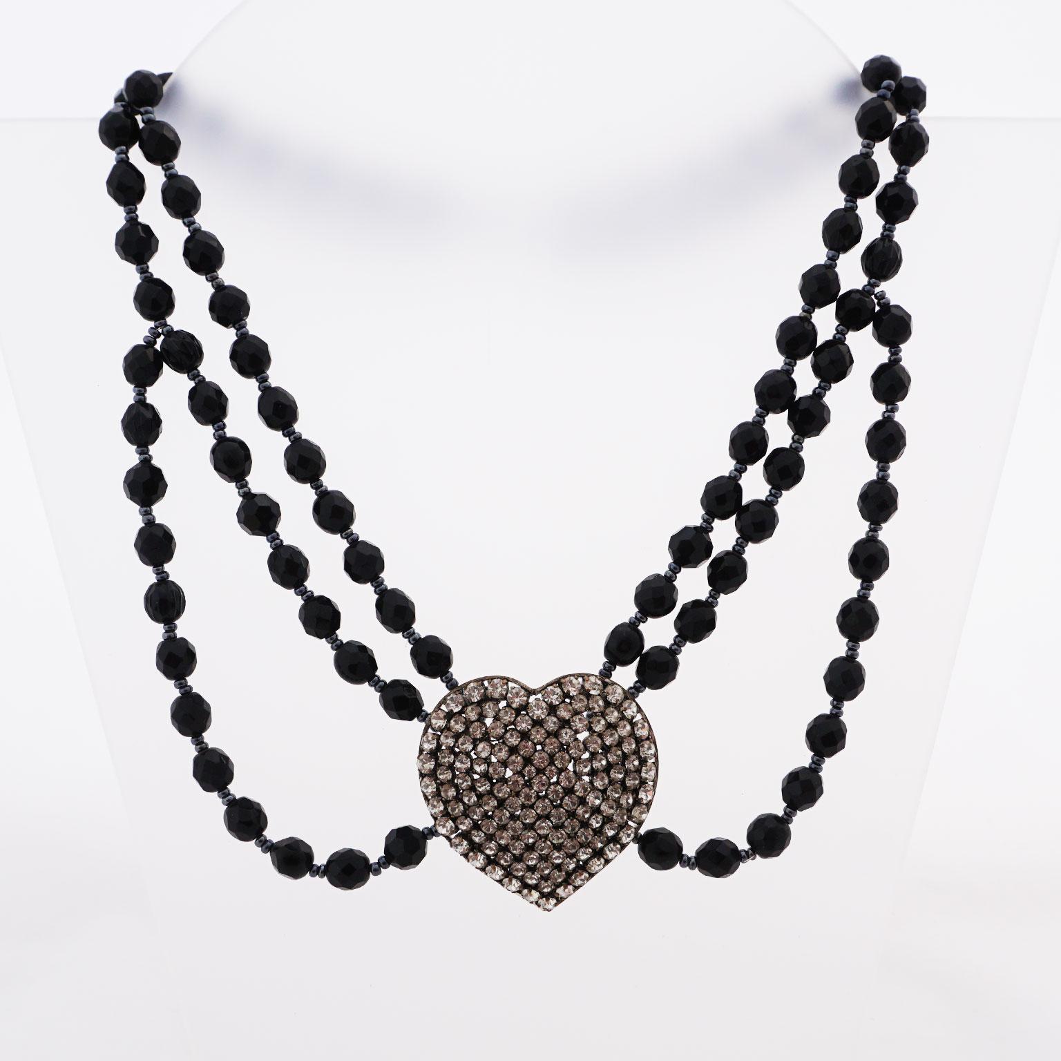 Contemporary Necklace made of Gablonz glass beads with rhinestone heart For Sale
