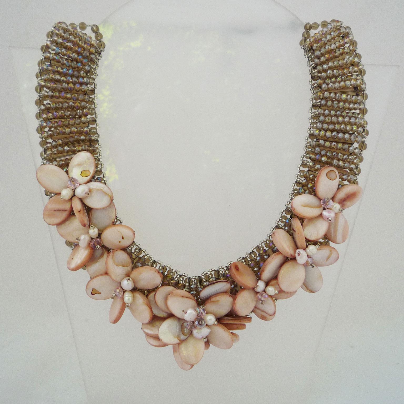 Modern Necklace made of mother-of-pearl, freshwater pearls and Swarovski pearls