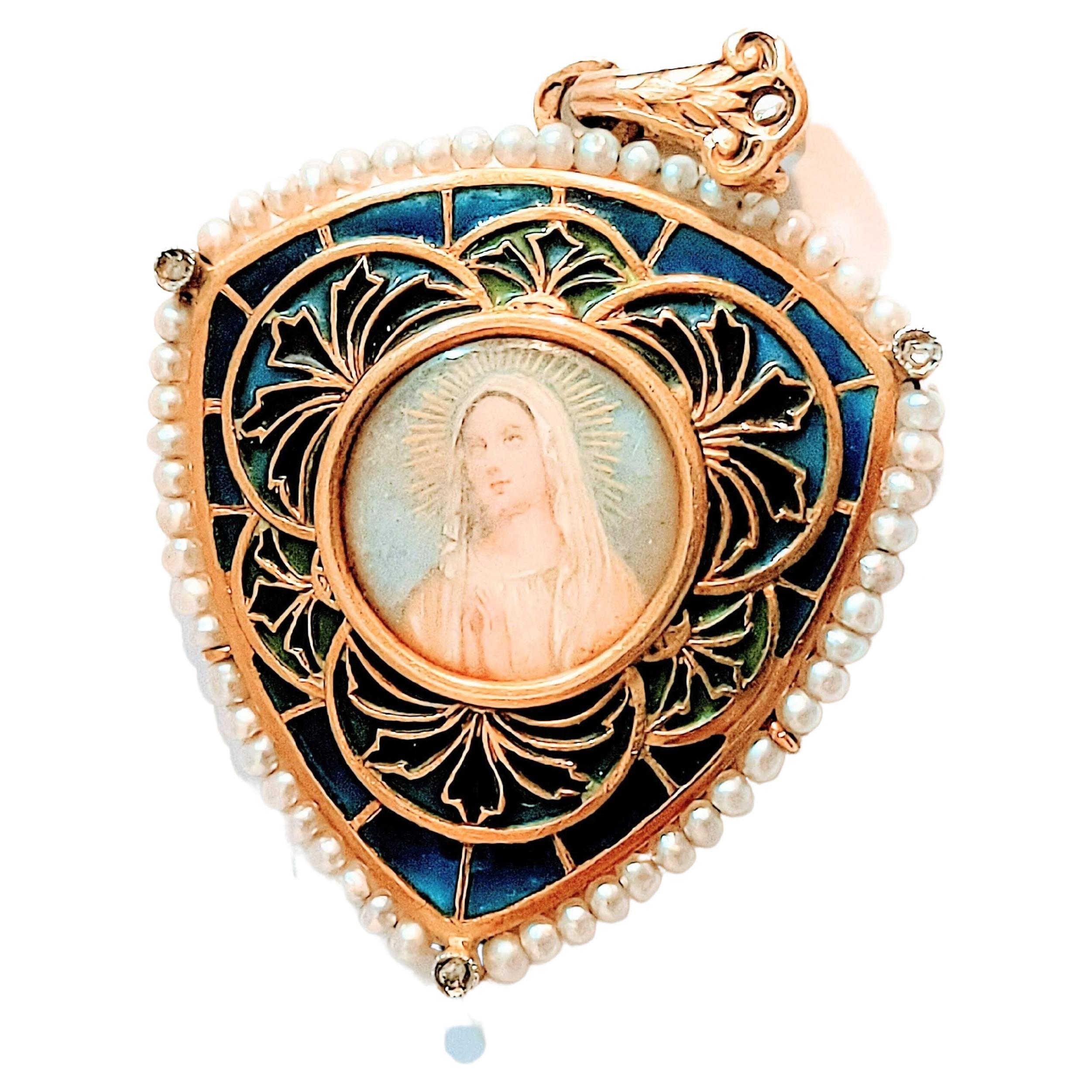 Vintage Necklace Medal Virgin Fatima Plique-à-jour enamel Yellow Gold 18 Karat For Sale 3