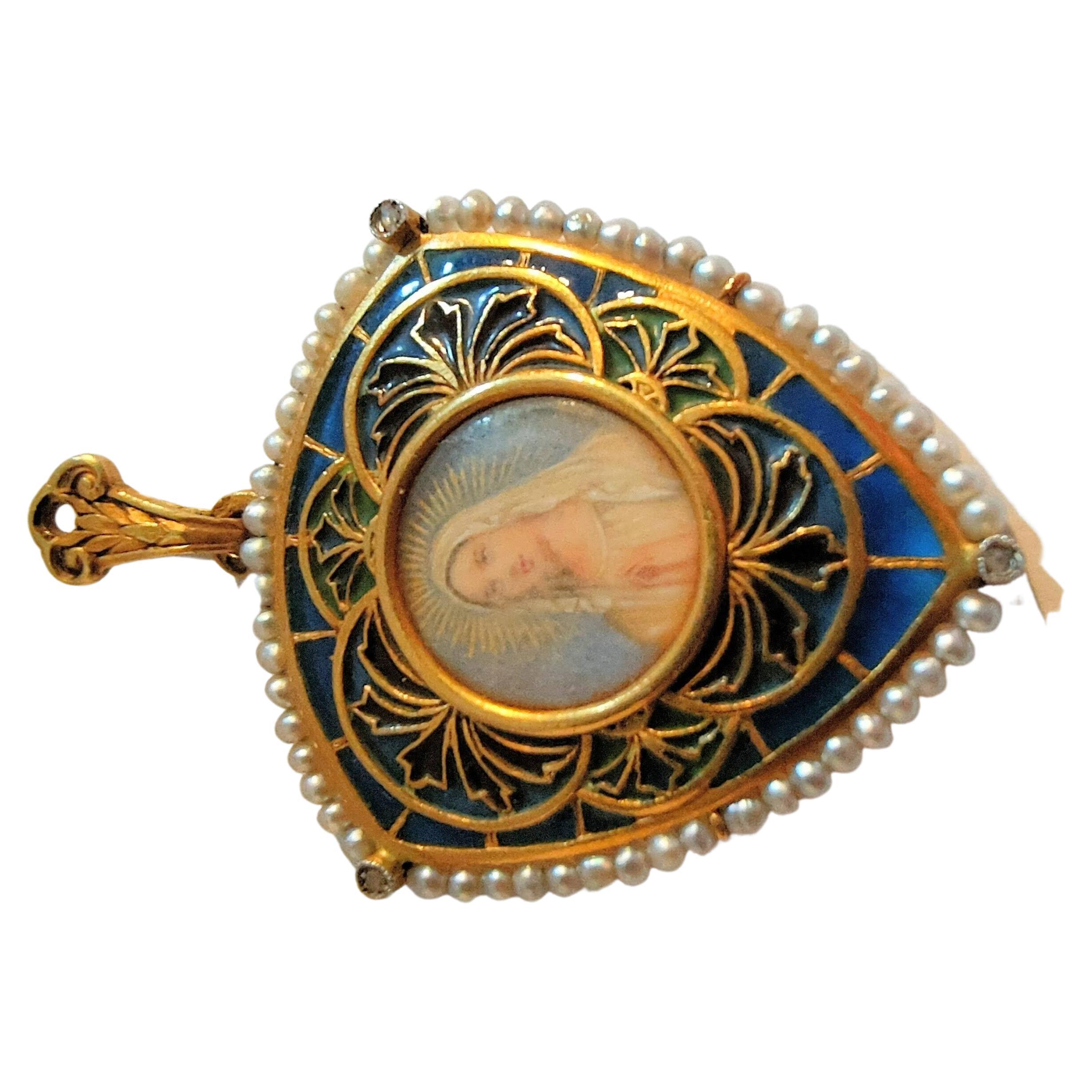 Vintage Necklace Medal Virgin Fatima Plique-à-jour enamel Yellow Gold 18 Karat For Sale 4