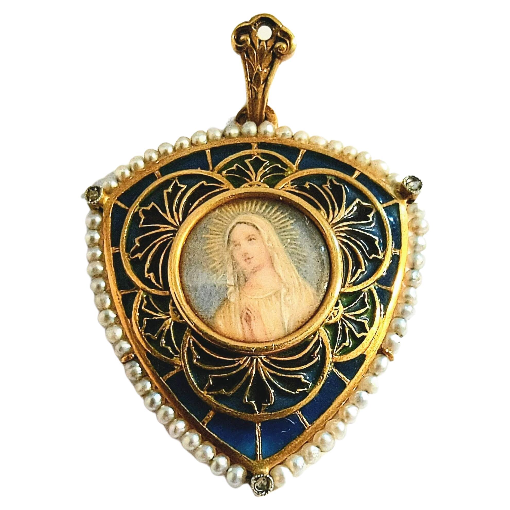 Vintage Necklace Medal Virgin Fatima Plique-à-jour enamel Yellow Gold 18 Karat For Sale 5