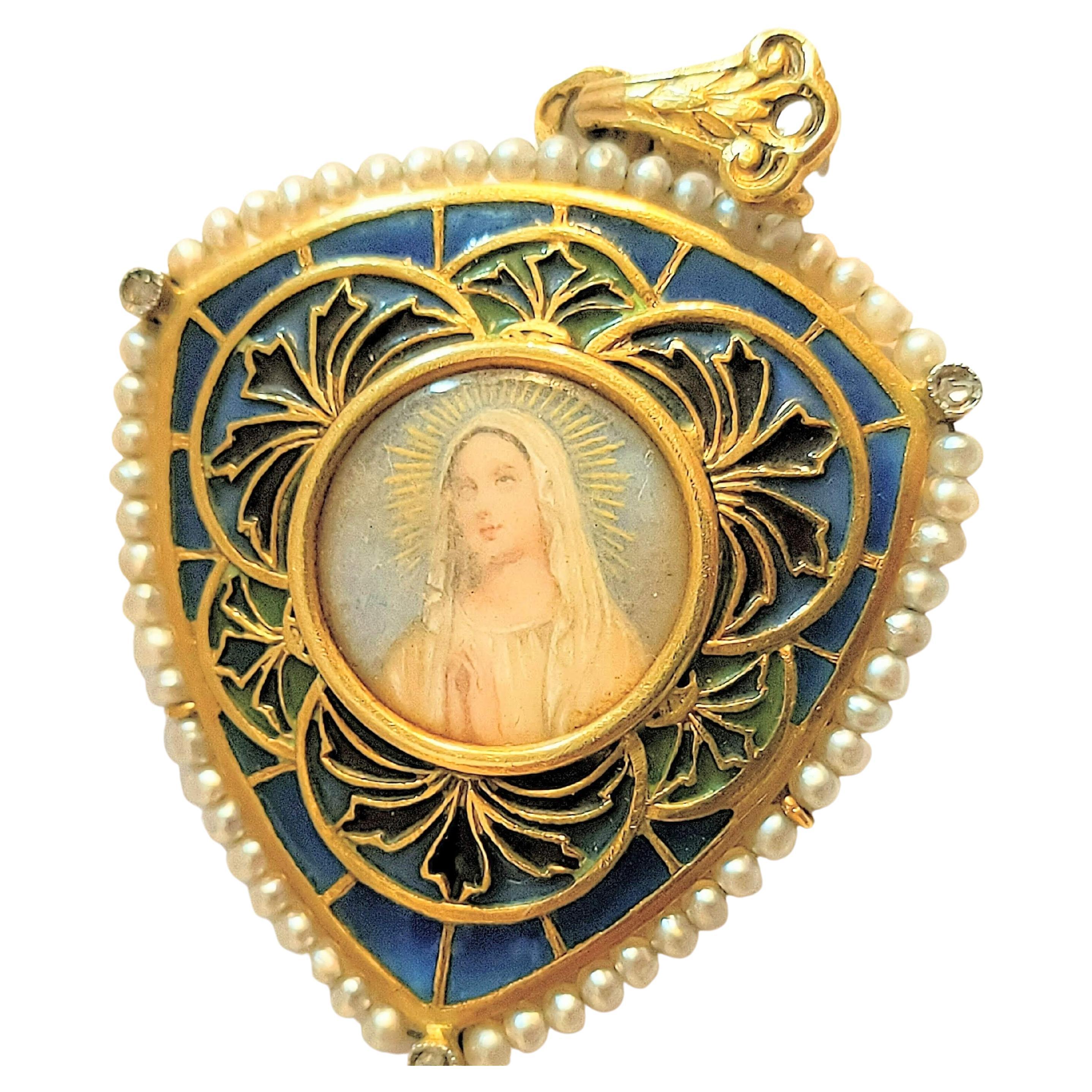 Women's or Men's Vintage Necklace Medal Virgin Fatima Plique-à-jour enamel Yellow Gold 18 Karat For Sale