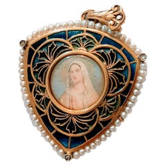 Necklace Medal Virgin Fatima Plique-à-jour enamel Yellow Gold 18 Karat
