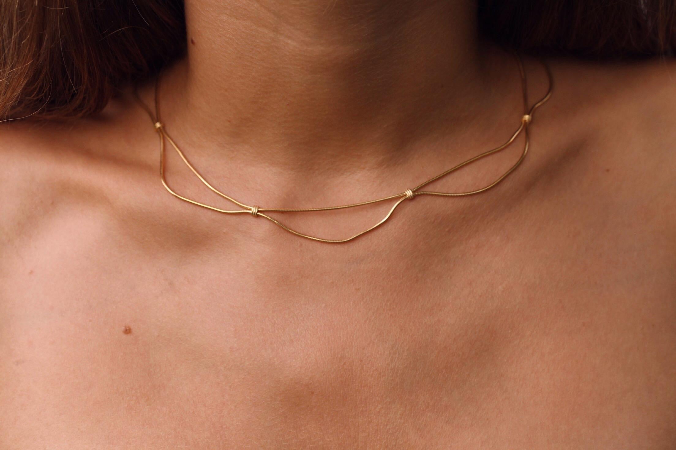 Contemporary Necklace Minimal Short Movement Snake Chain 18K Gold-Plated Silver Greek Jewelry For Sale