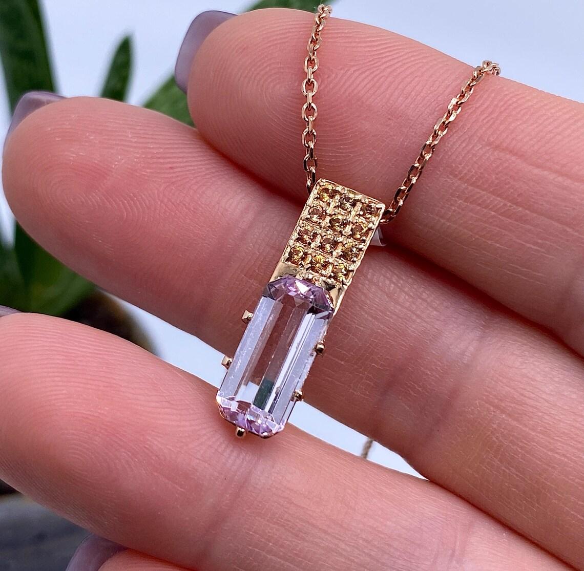Baguette Cut Necklace Natural Kunzite from Pakistan and African Yellow Sapphires 14K Gold. For Sale