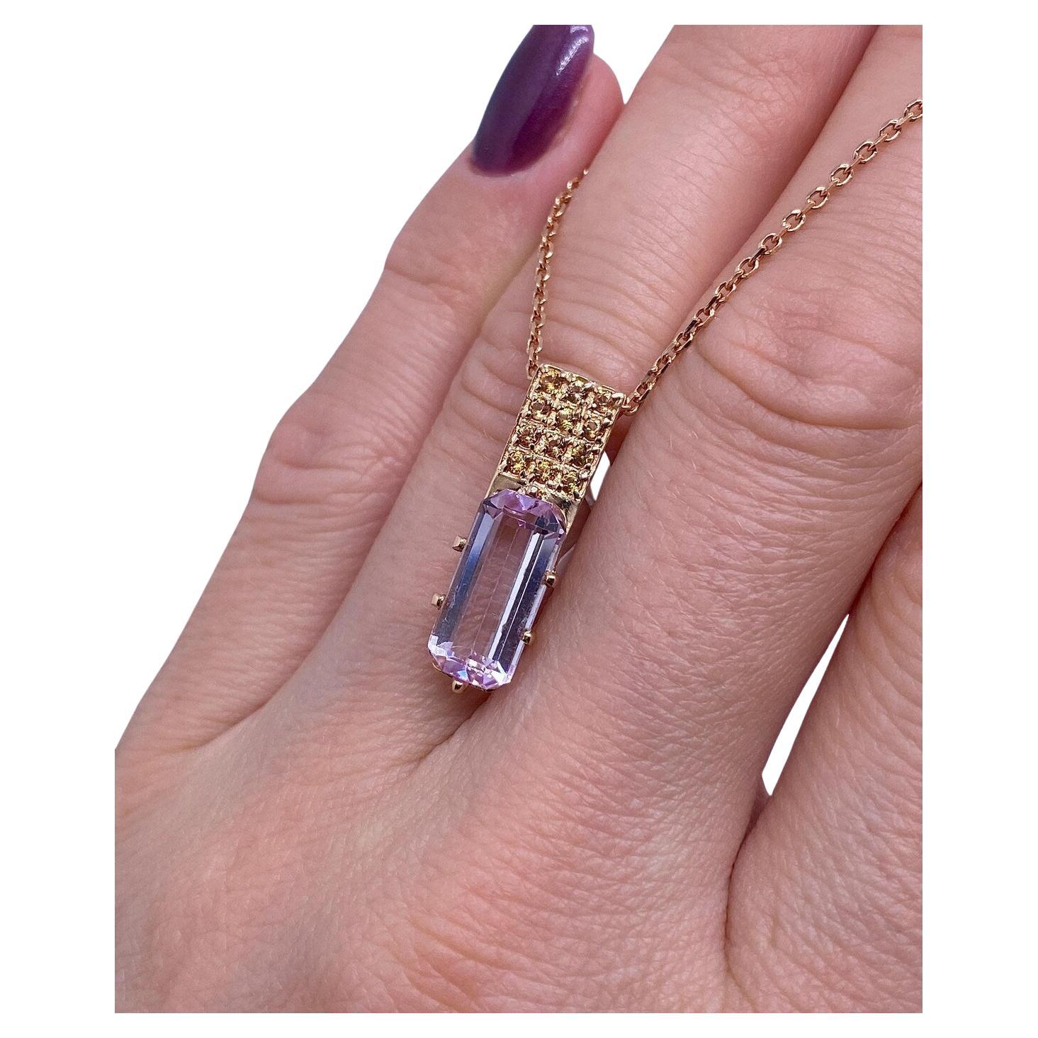 Necklace Natural Kunzite from Pakistan and African Yellow Sapphires 14K Gold.