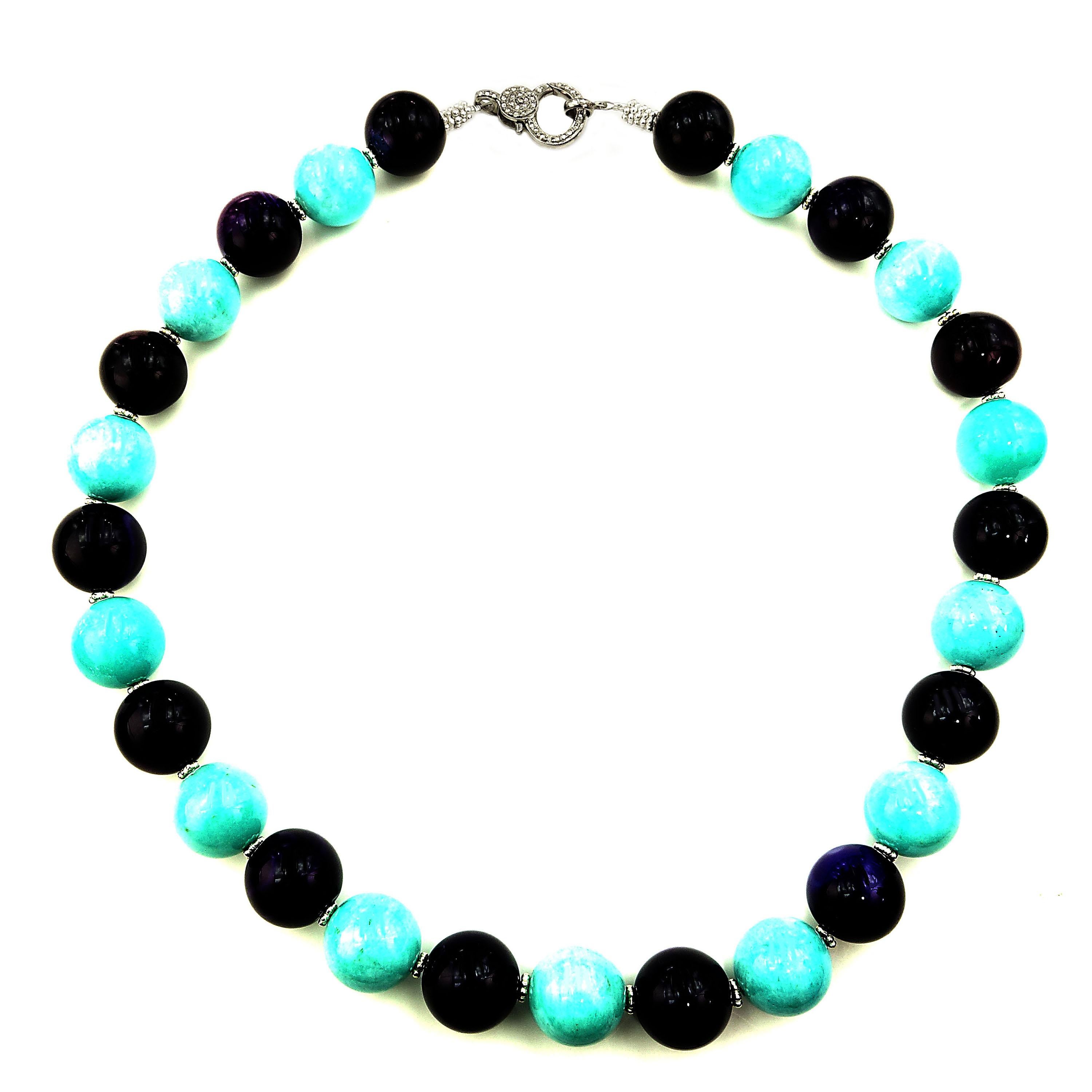 Artisan AJD Necklace of Amazonite and Amethyst Spheres February Birthstone For Sale