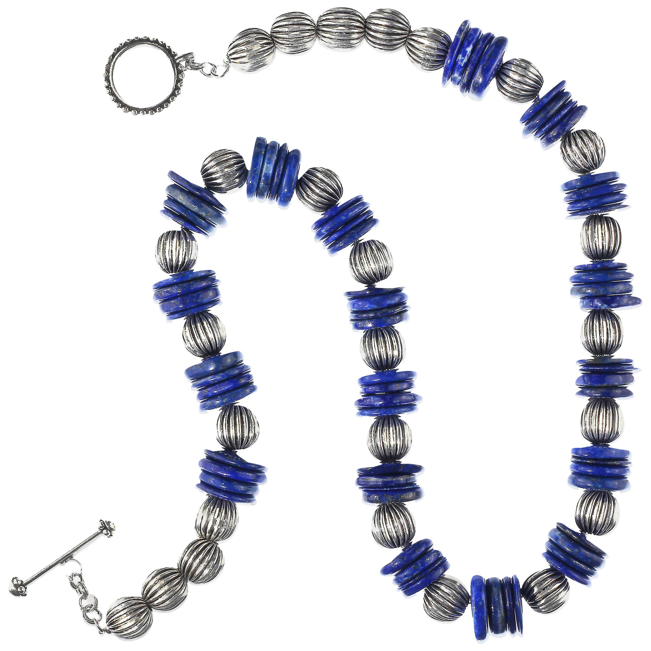 AJD Necklace of Blue Lapis Lazuli Slices with Ribbed Silver Accents In New Condition In Raleigh, NC