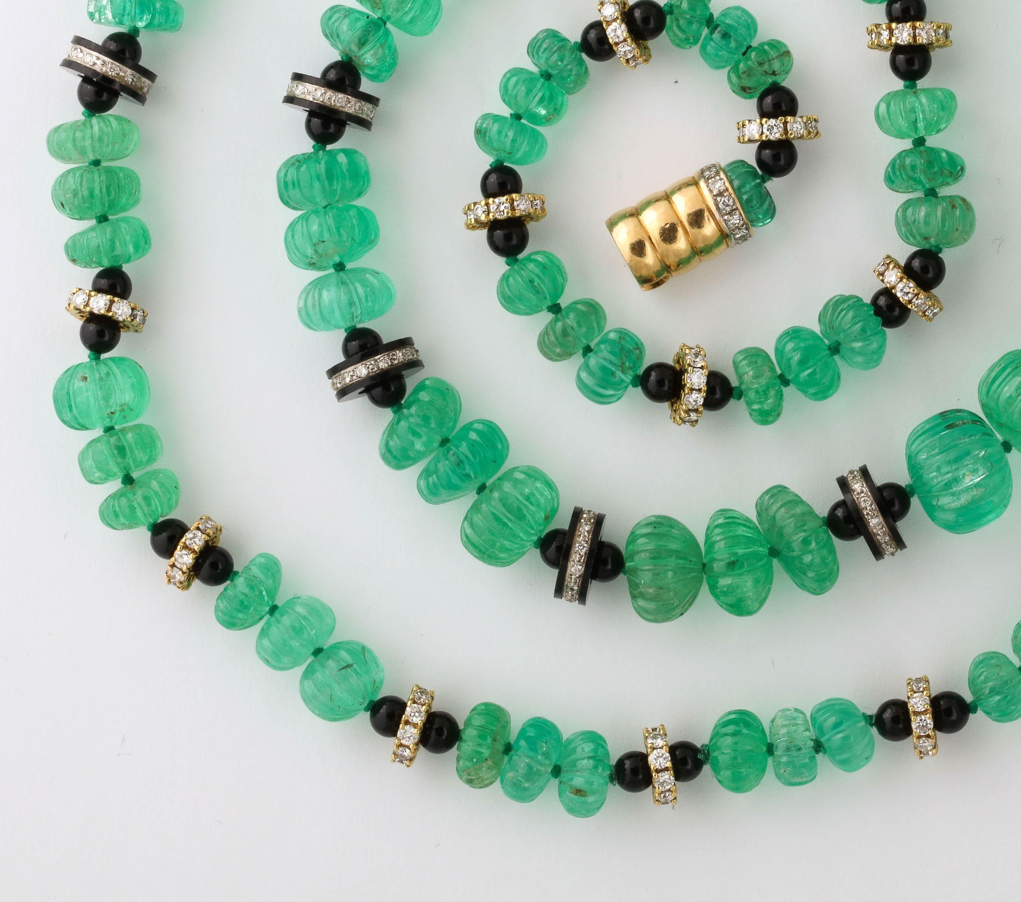 Necklace of Graduated Melon Shaped Emerald Beads with Onyx and Diamond Spacers 2