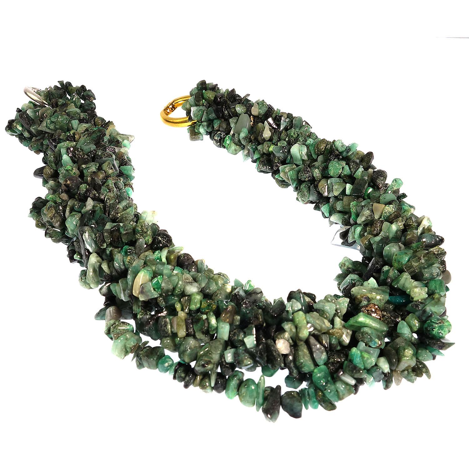 Artisan Necklace of green Emerald chips in four continuous strands