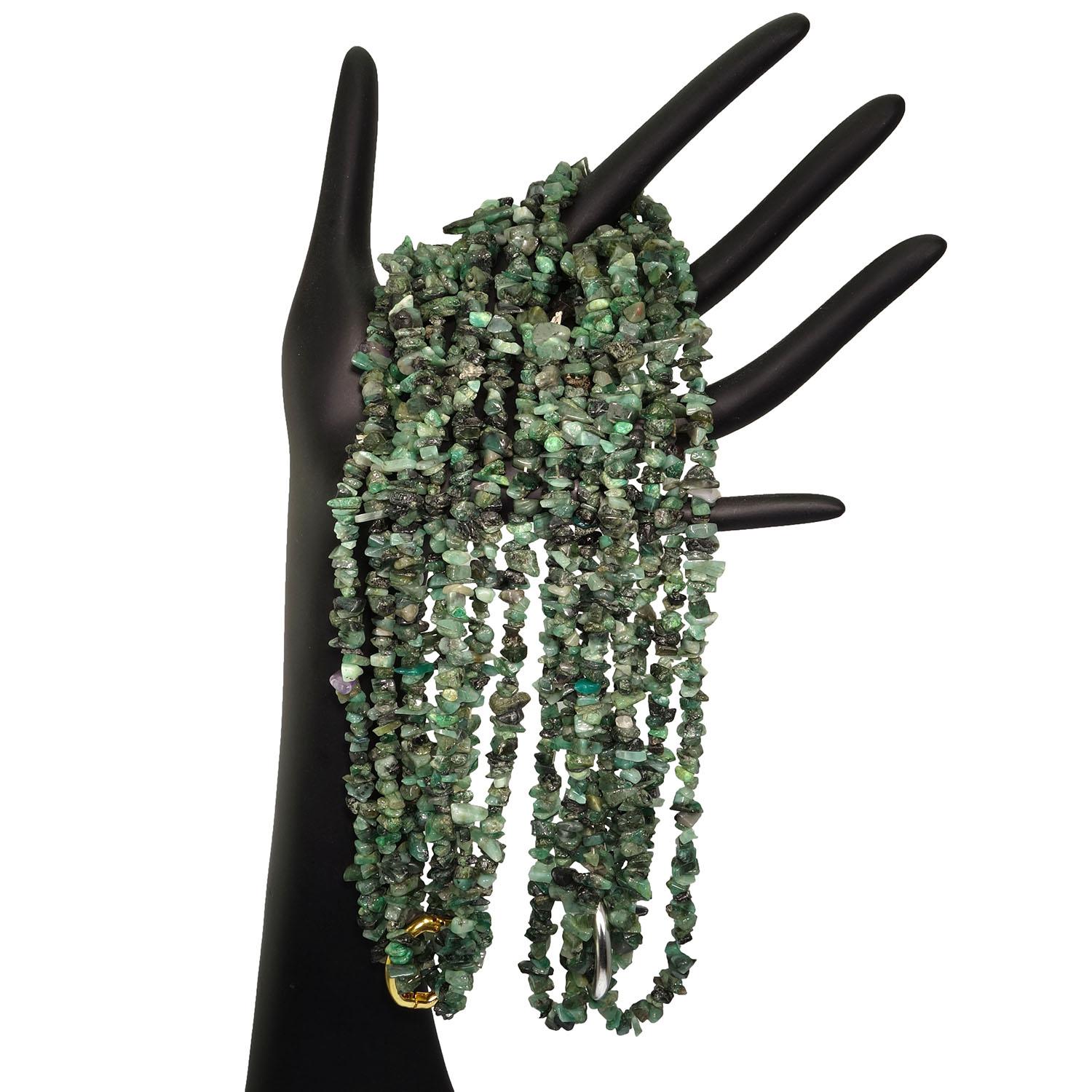 Women's or Men's Necklace of green Emerald chips in four continuous strands