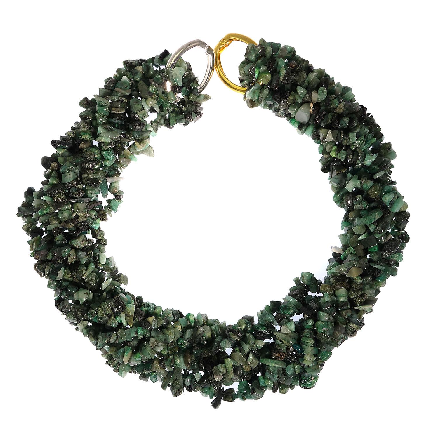 Necklace of green Emerald chips in four continuous strands