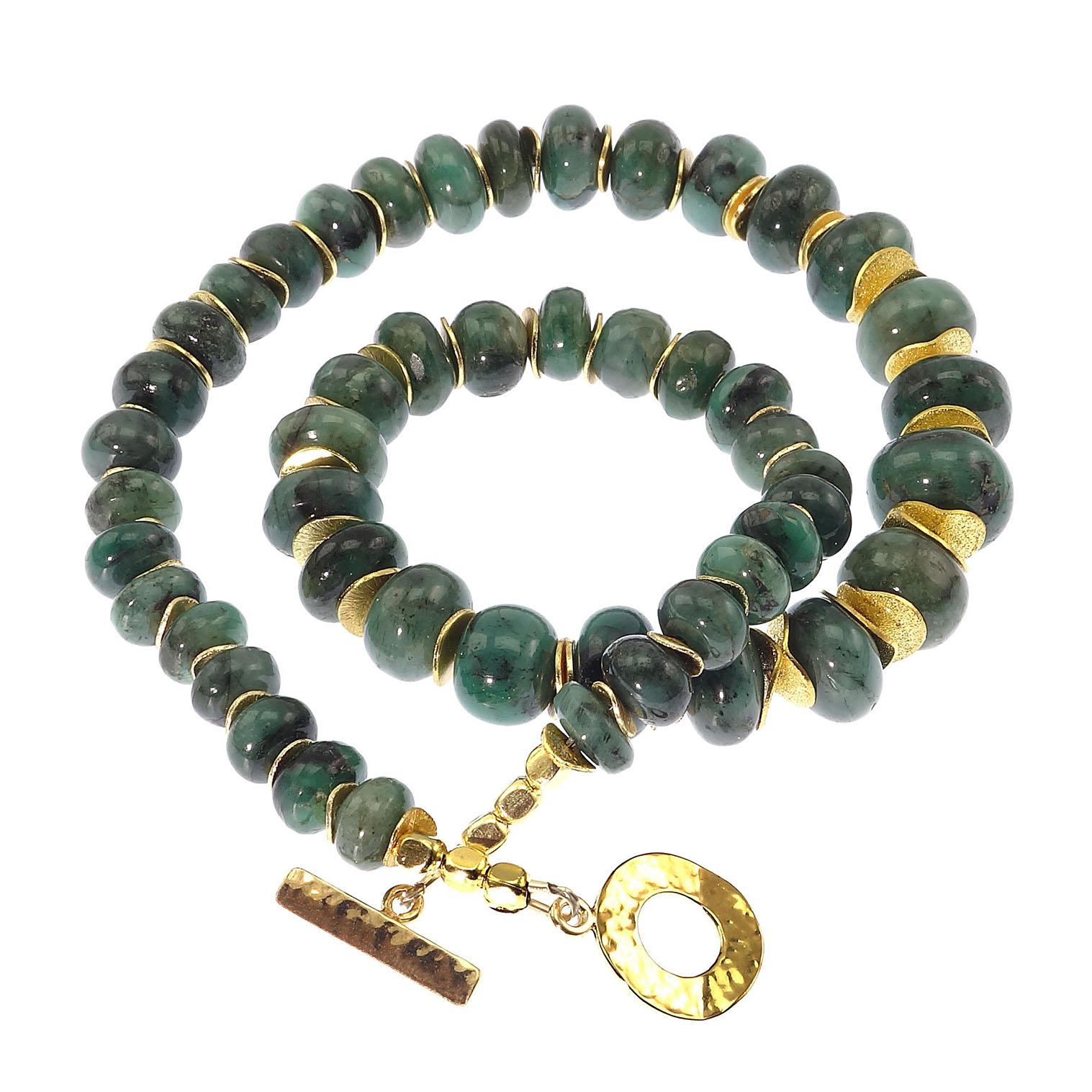  Necklace of Highly Polished Graduated  Green Emerald Rondels with Gold Accents 6