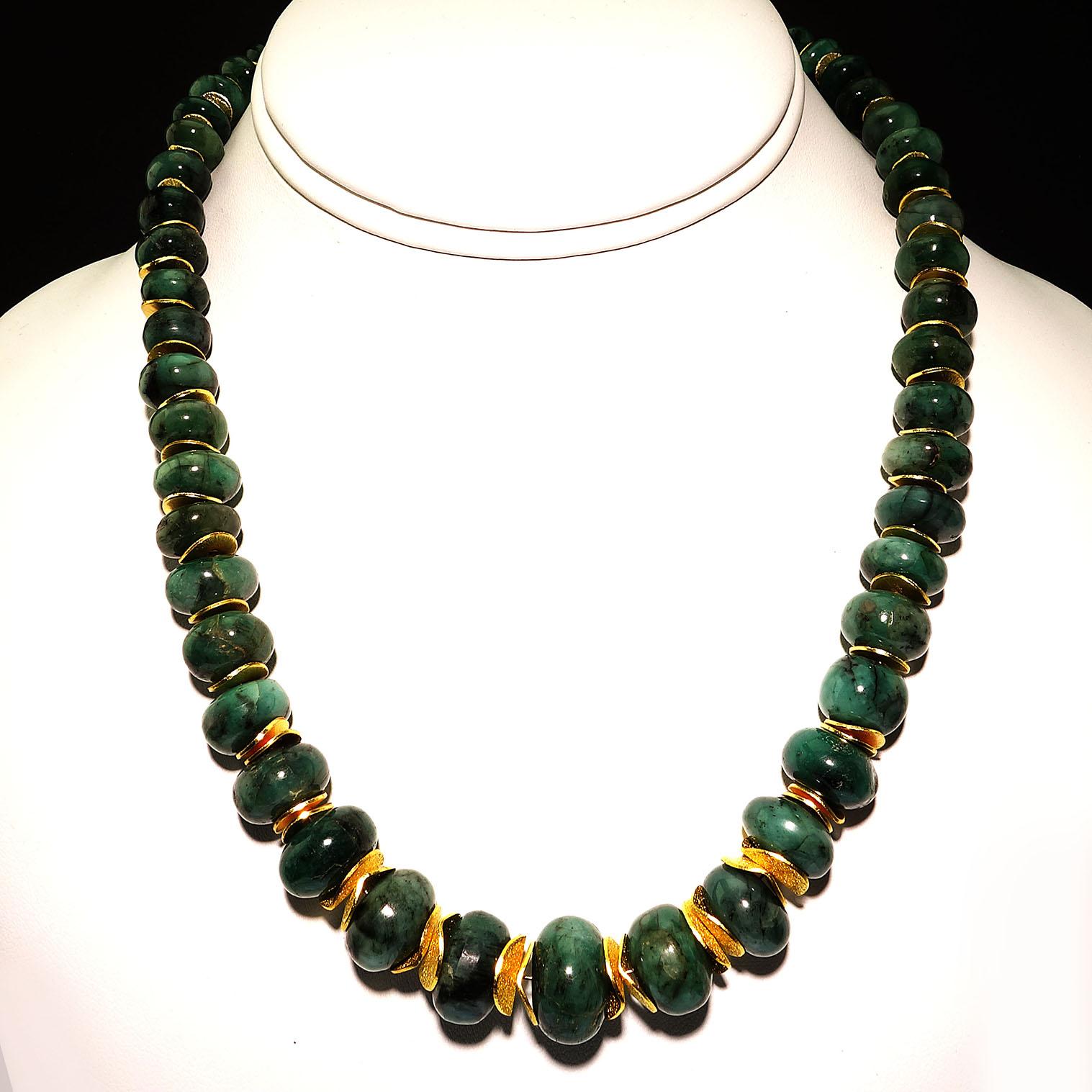  Necklace of Highly Polished Graduated  Green Emerald Rondels with Gold Accents In New Condition In Raleigh, NC