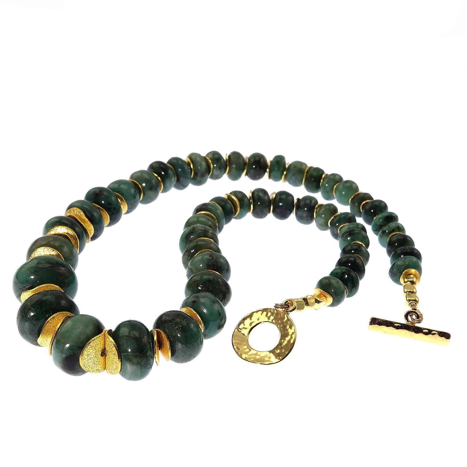  Necklace of Highly Polished Graduated  Green Emerald Rondels with Gold Accents 1