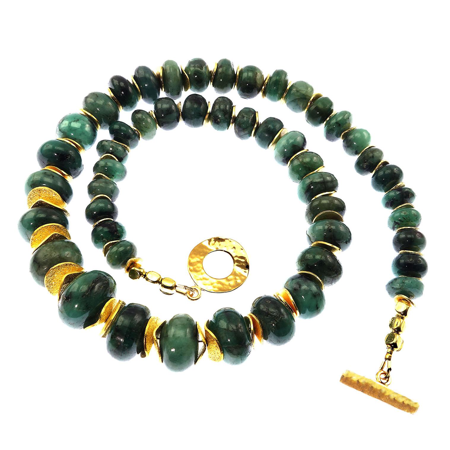 Necklace of Highly Polished Graduated  Green Emerald Rondels with Gold Accents 3