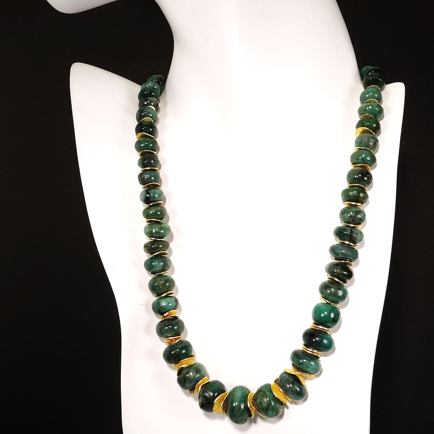  Necklace of Highly Polished Graduated  Green Emerald Rondels with Gold Accents 4
