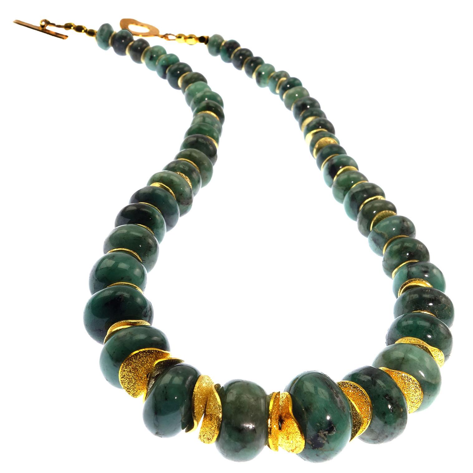  Necklace of Highly Polished Graduated  Green Emerald Rondels with Gold Accents