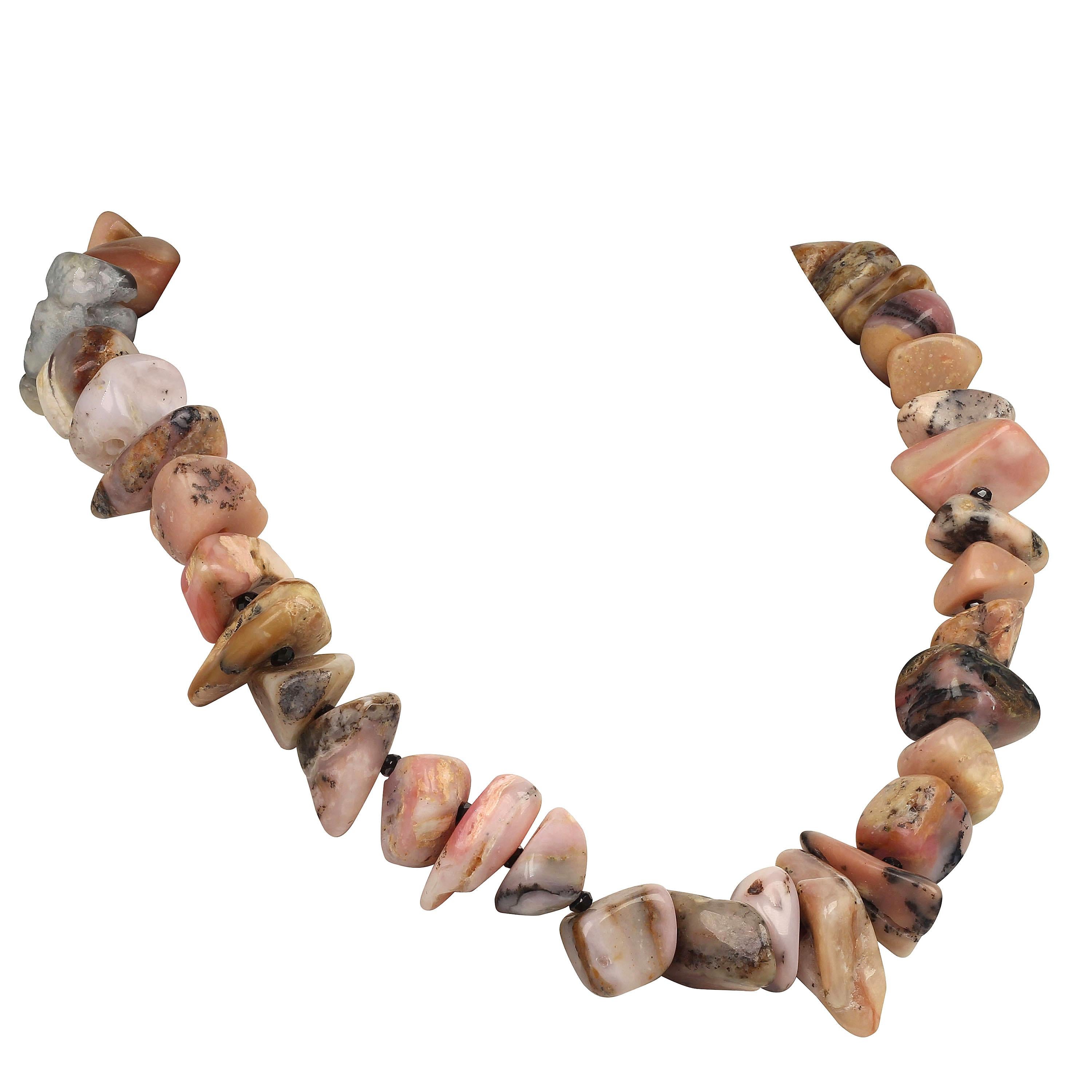 Artisan AJD Necklace of Highly Polished Pink Peruvian Opal Nuggets and Black Spinel For Sale