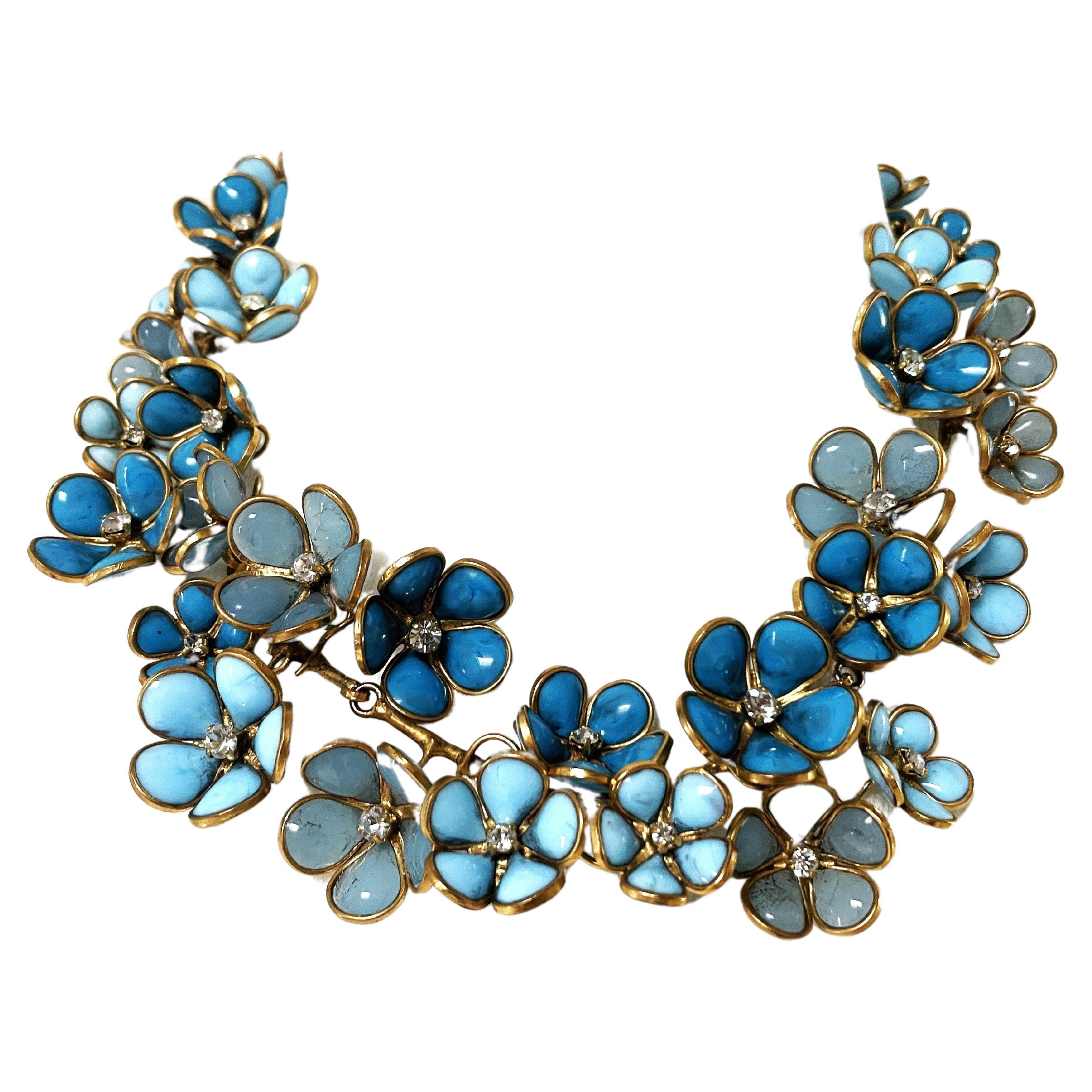 Round Cut Necklace of many blue glass flowers from Gripoix in the style of Chanel For Sale