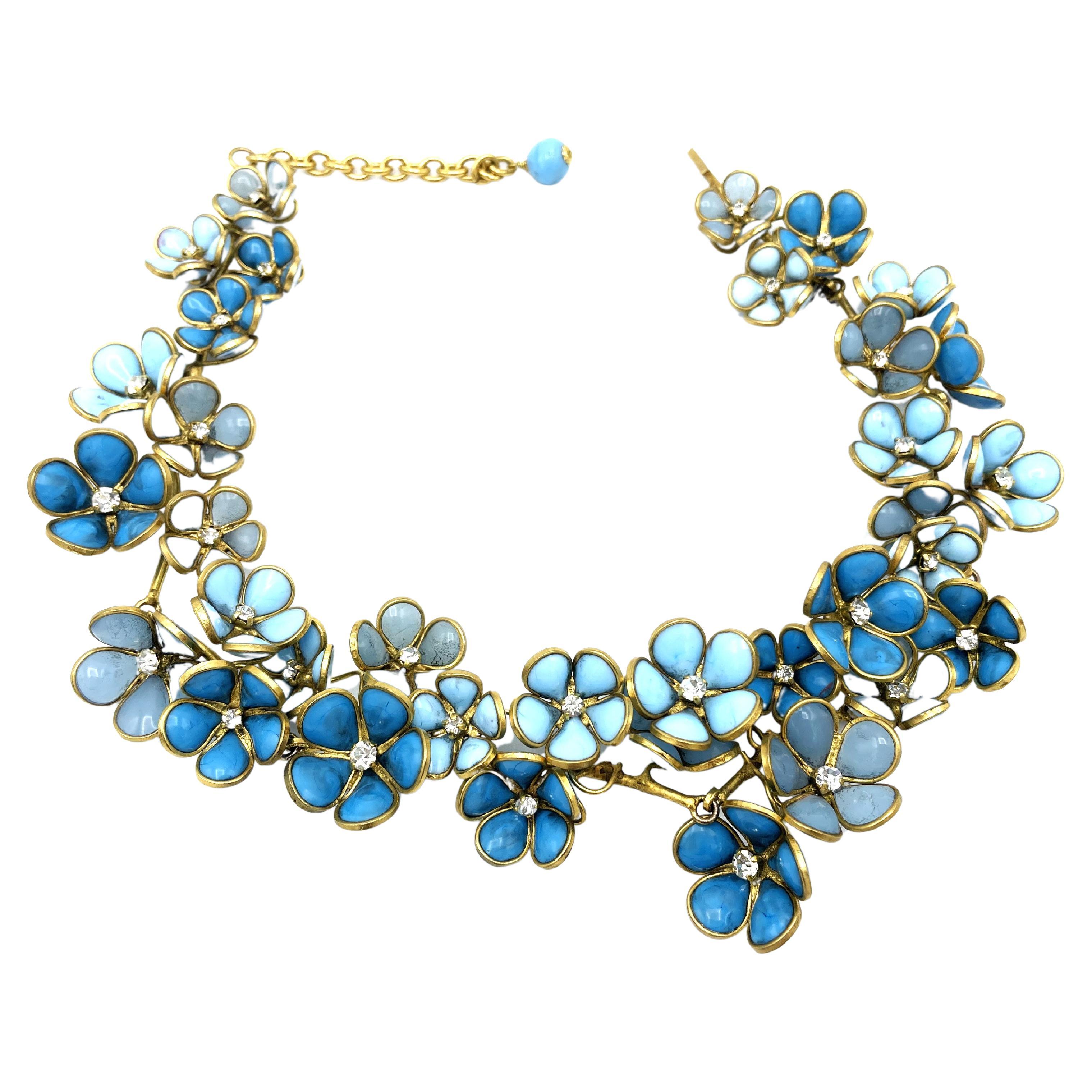 Modern Necklace of many blue glass flowers from Gripoix in the style of Chanel For Sale