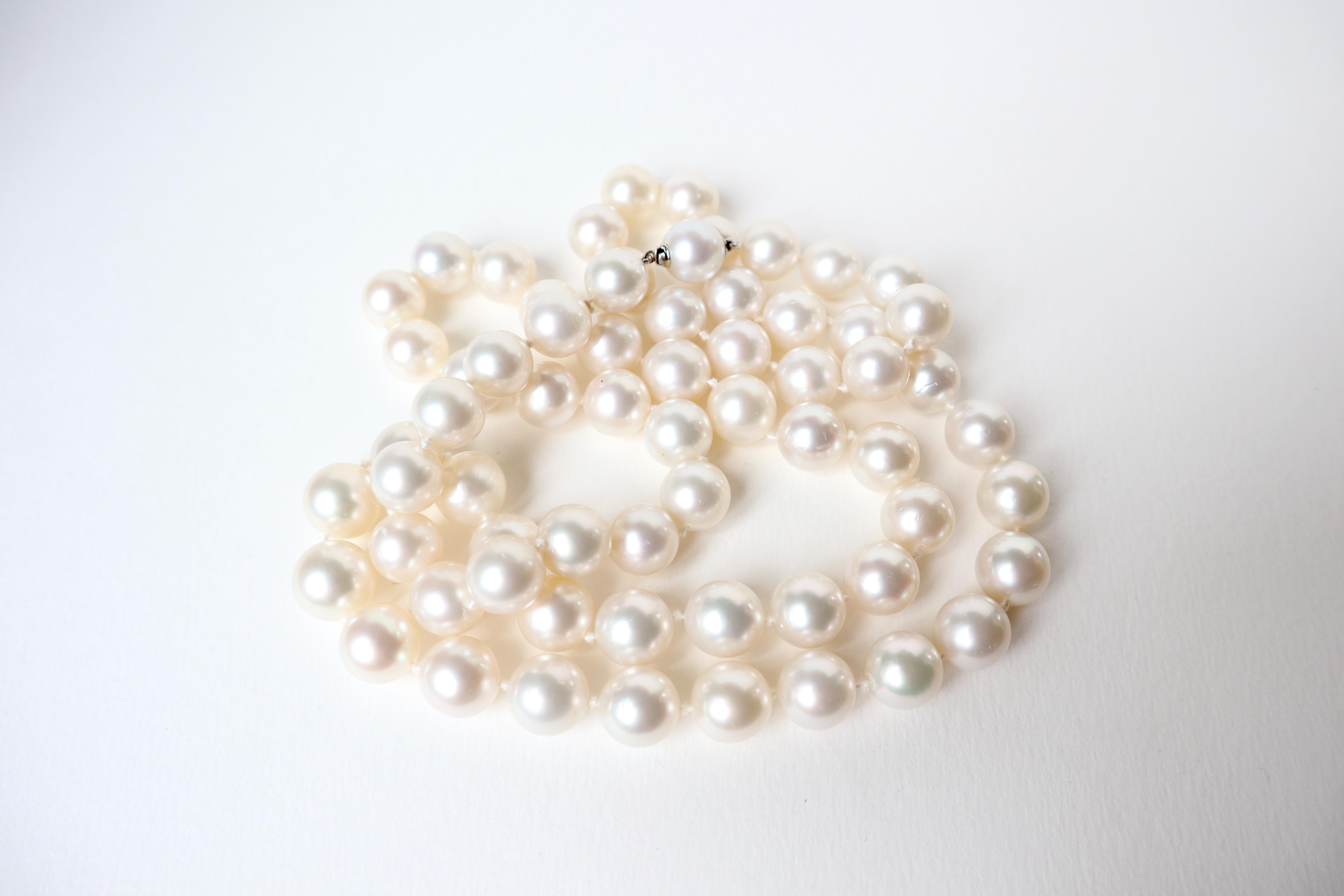 Bead Long Necklace of White Cultured Pearls 12-13mm White Gold Clasp For Sale