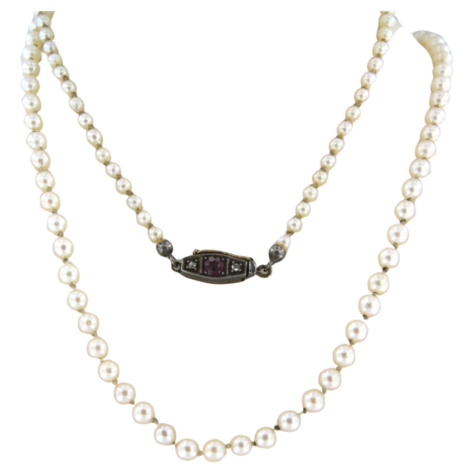 Ruby Yast Lock Pearl necklace with Diamond lock 18k gold For Sale at 1stDibs