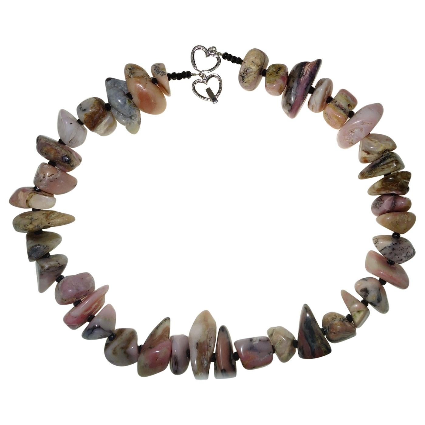 Women's or Men's AJD Necklace of Highly Polished Pink Peruvian Opal Nuggets and Black Spinel For Sale