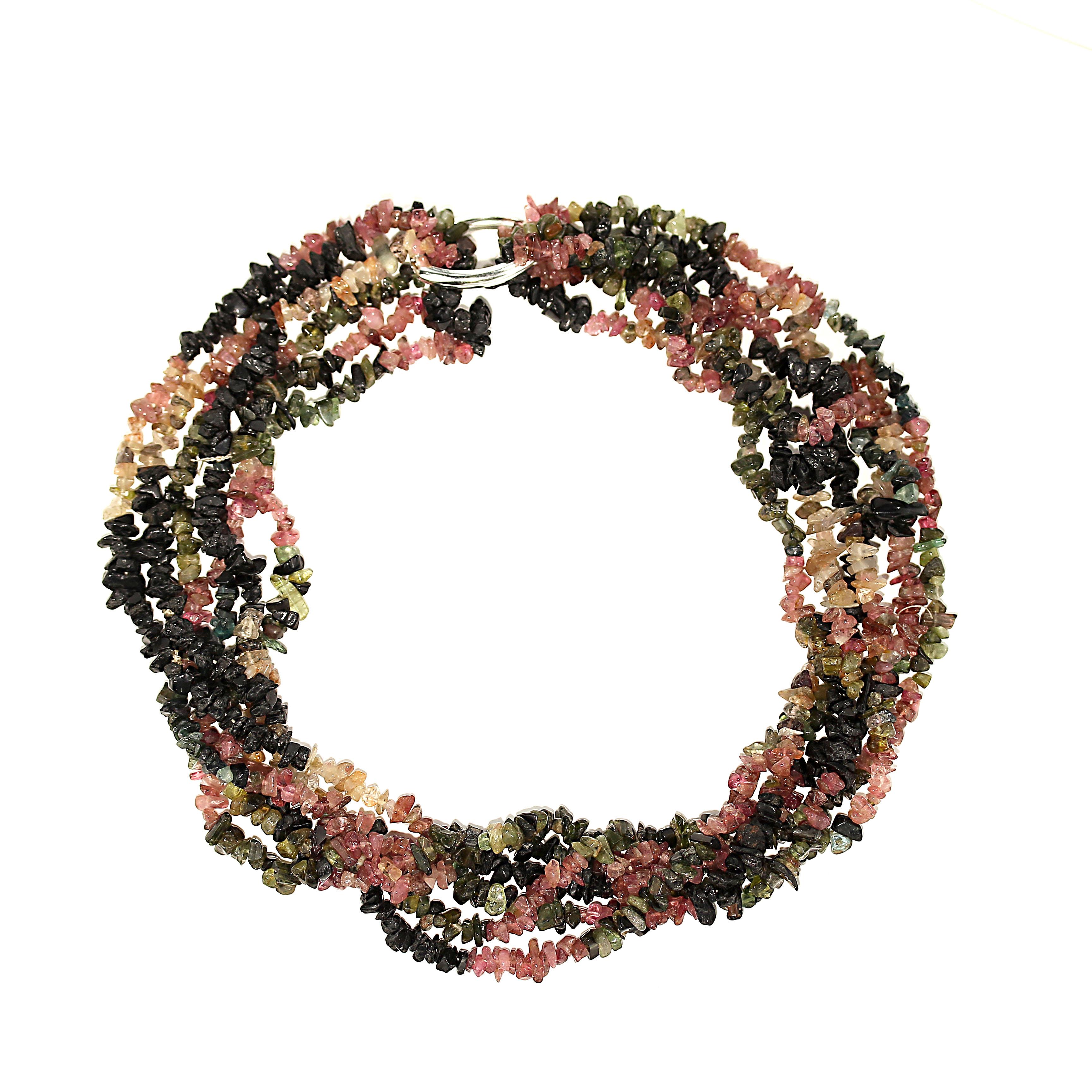 Artisan AJD Necklace of Three Circles of Multi-Color Tourmaline Chips