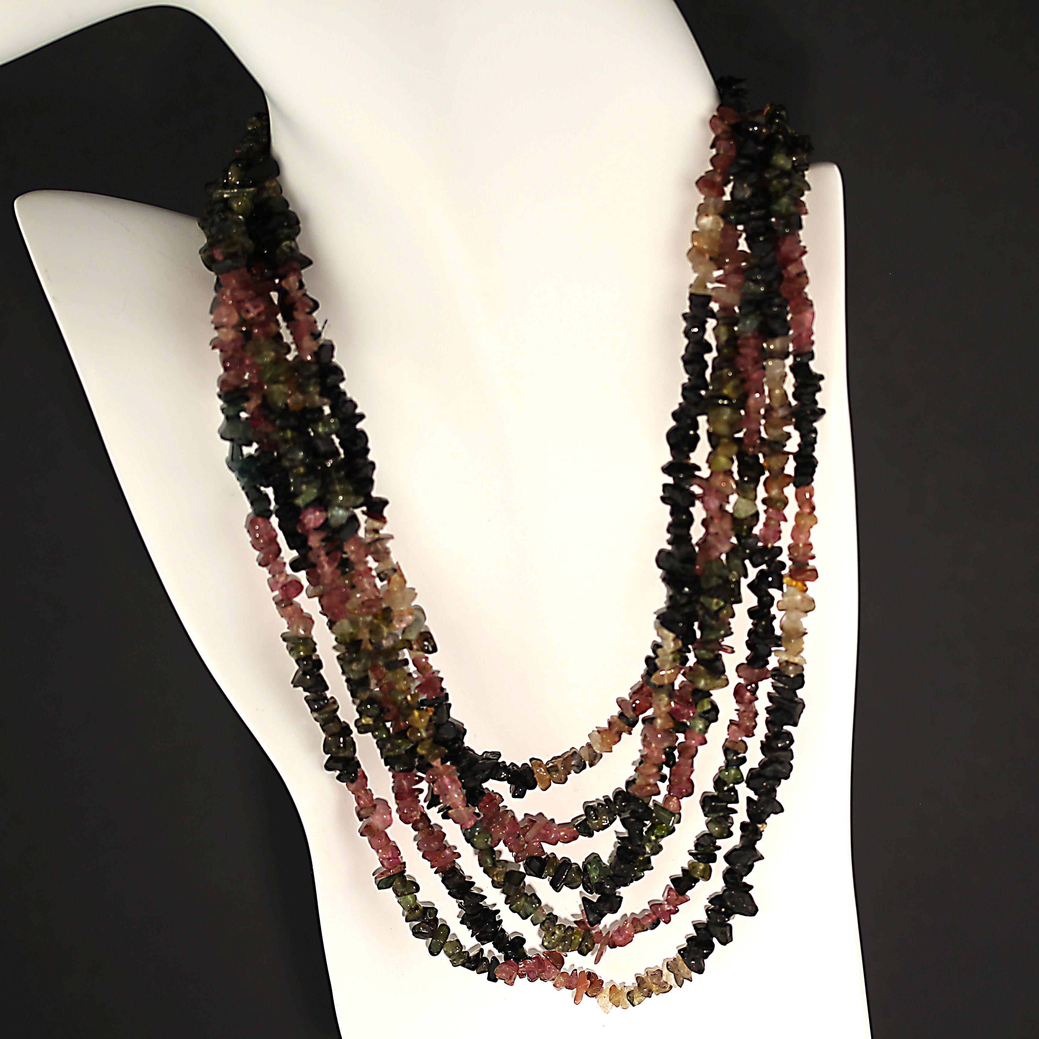 AJD Necklace of Three Circles of Multi-Color Tourmaline Chips In New Condition In Raleigh, NC