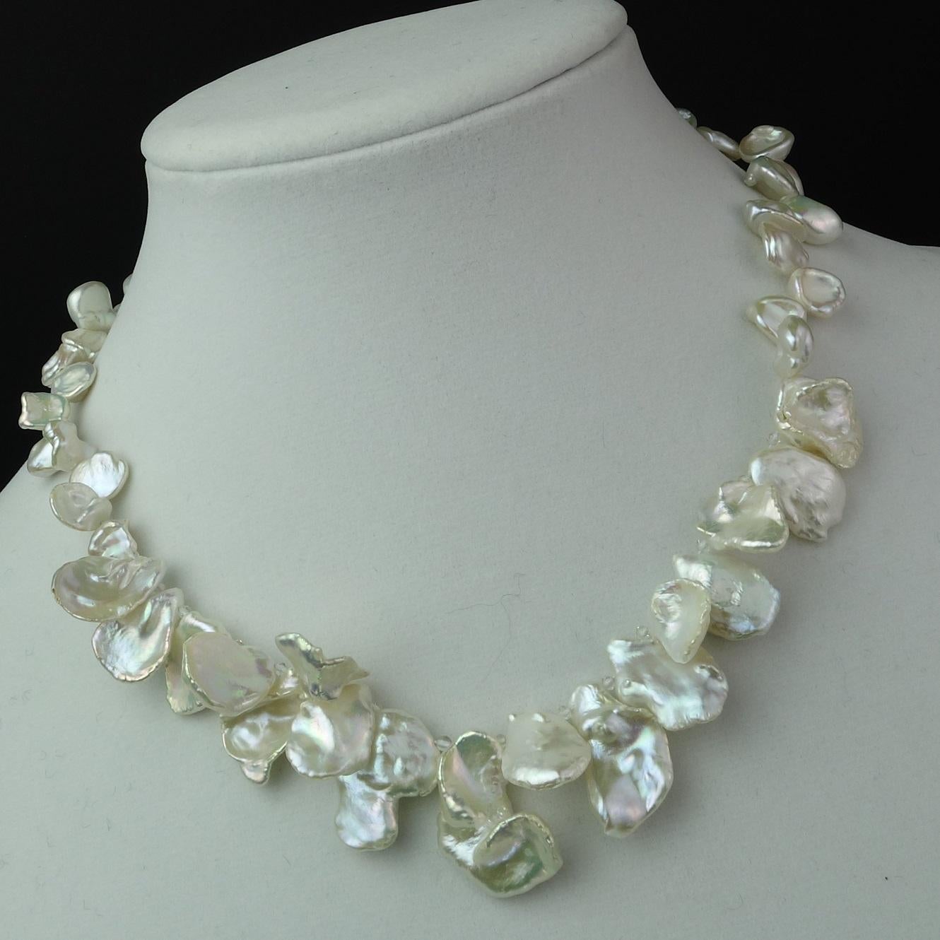 AJD Collar White Iridescent Keshi Pearls Sterling Toggle June Birthstone In New Condition In Raleigh, NC