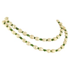 AJD Necklace of White Pearls and Green Chrome Diopside June Birthstone
