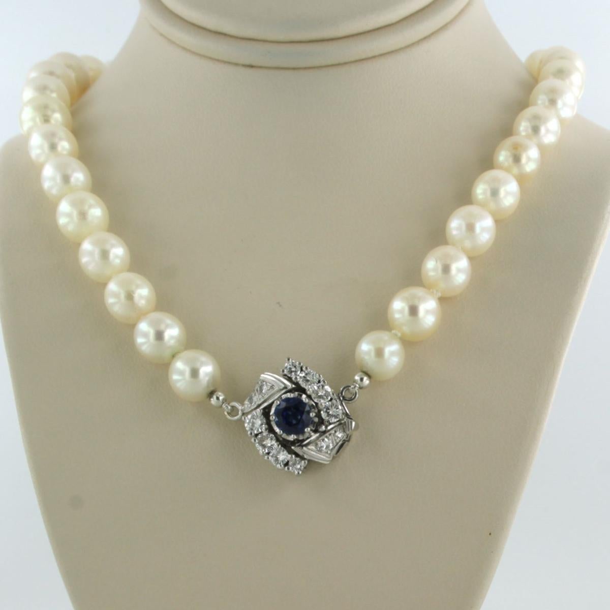 Modern Necklace pearl beads with white gold lock set with sapphire and diamonds 14k For Sale