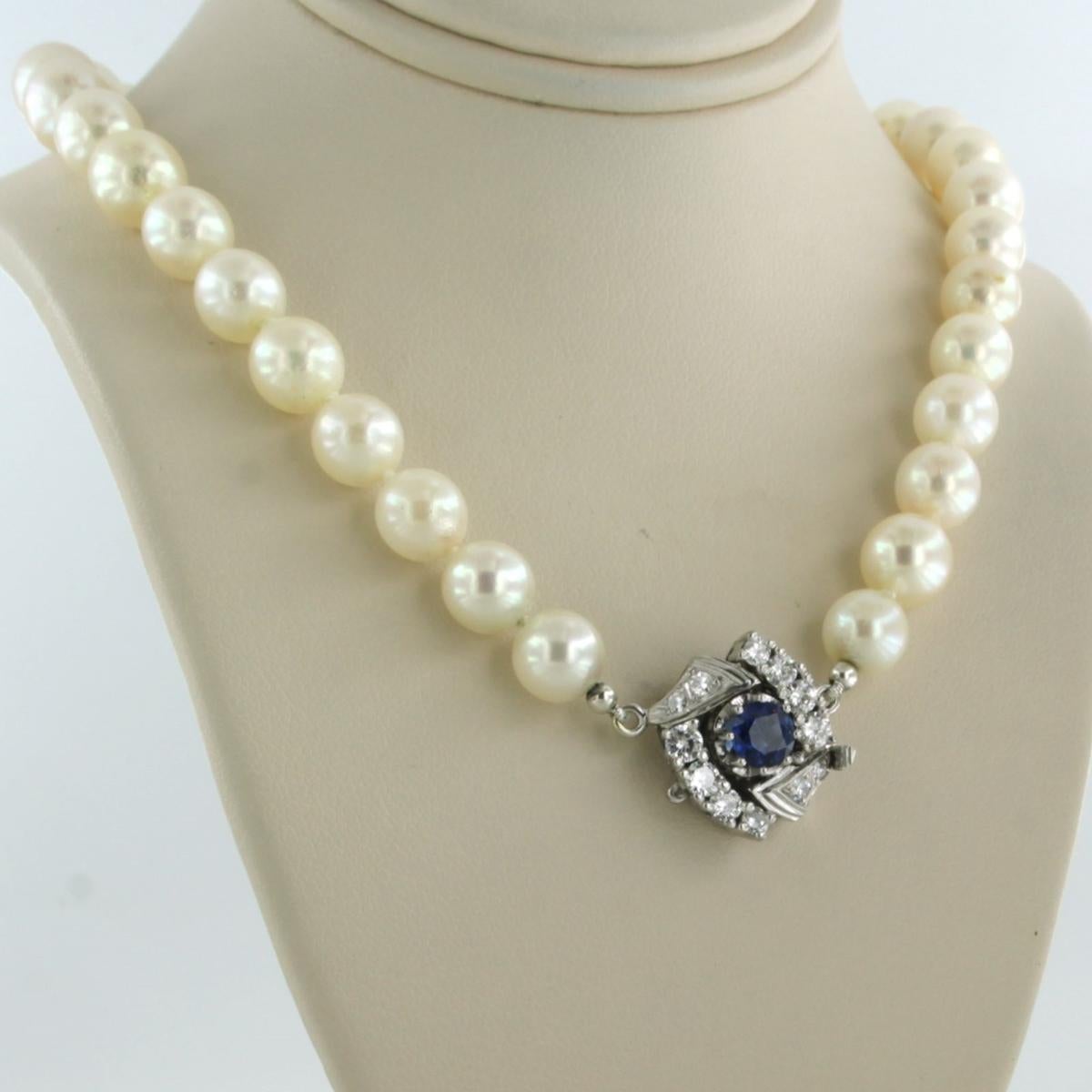 Brilliant Cut Necklace pearl beads with white gold lock set with sapphire and diamonds 14k For Sale