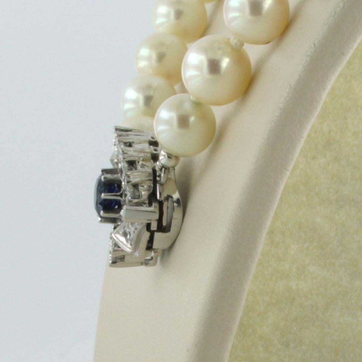 Women's Necklace pearl beads with white gold lock set with sapphire and diamonds 14k For Sale